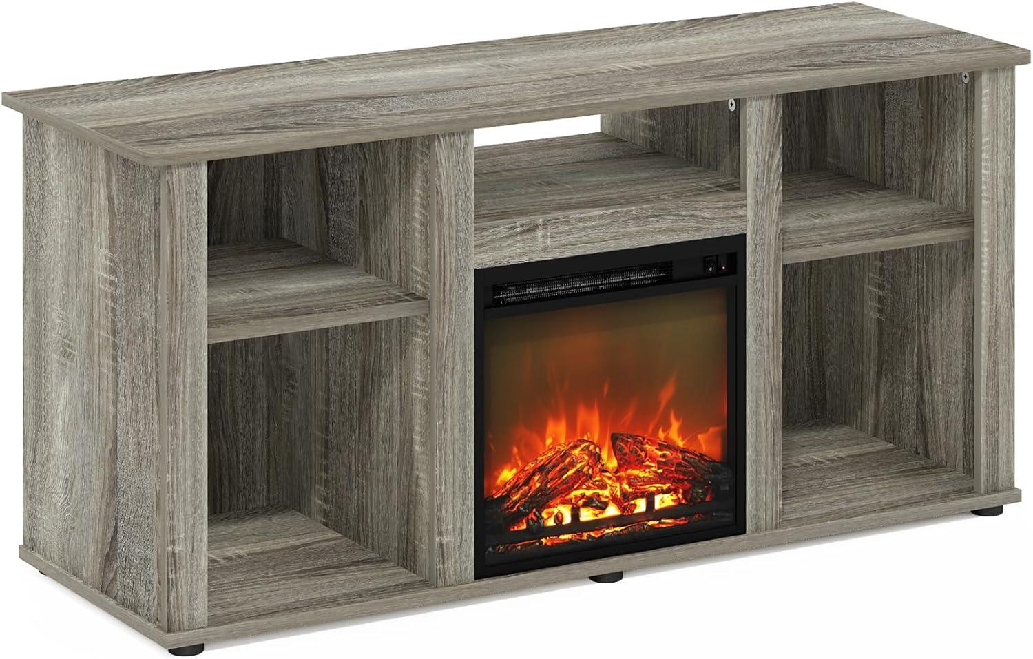 Furinno Jensen Fireplace TV Entertainment Center with Open Storage Compartment for TV up to 55 Inch, French Oak Grey