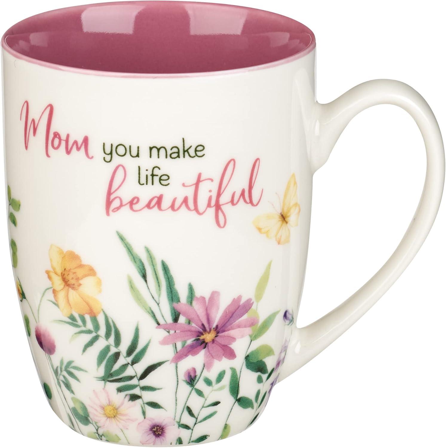 Special Coffee Mug for Mothers, Mom You Make Life Beautiful Purple Wildflowers Inspirational Coffee/Tea Cup for Her Birthday, Mother's Day, 12oz Ceramic, With Love