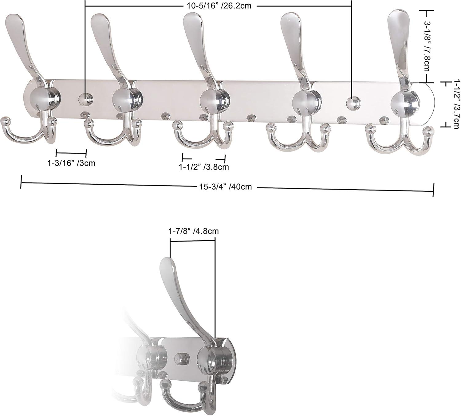 Dseap Wall Mounted Coat Rack - 5 Tri Hooks, Heavy Duty, Stainless Steel, Metal Coat Hook Rail for Coat Hat Towel Purse Robes Mudroom Bathroom Entryway (Chromed, 2 Packs)