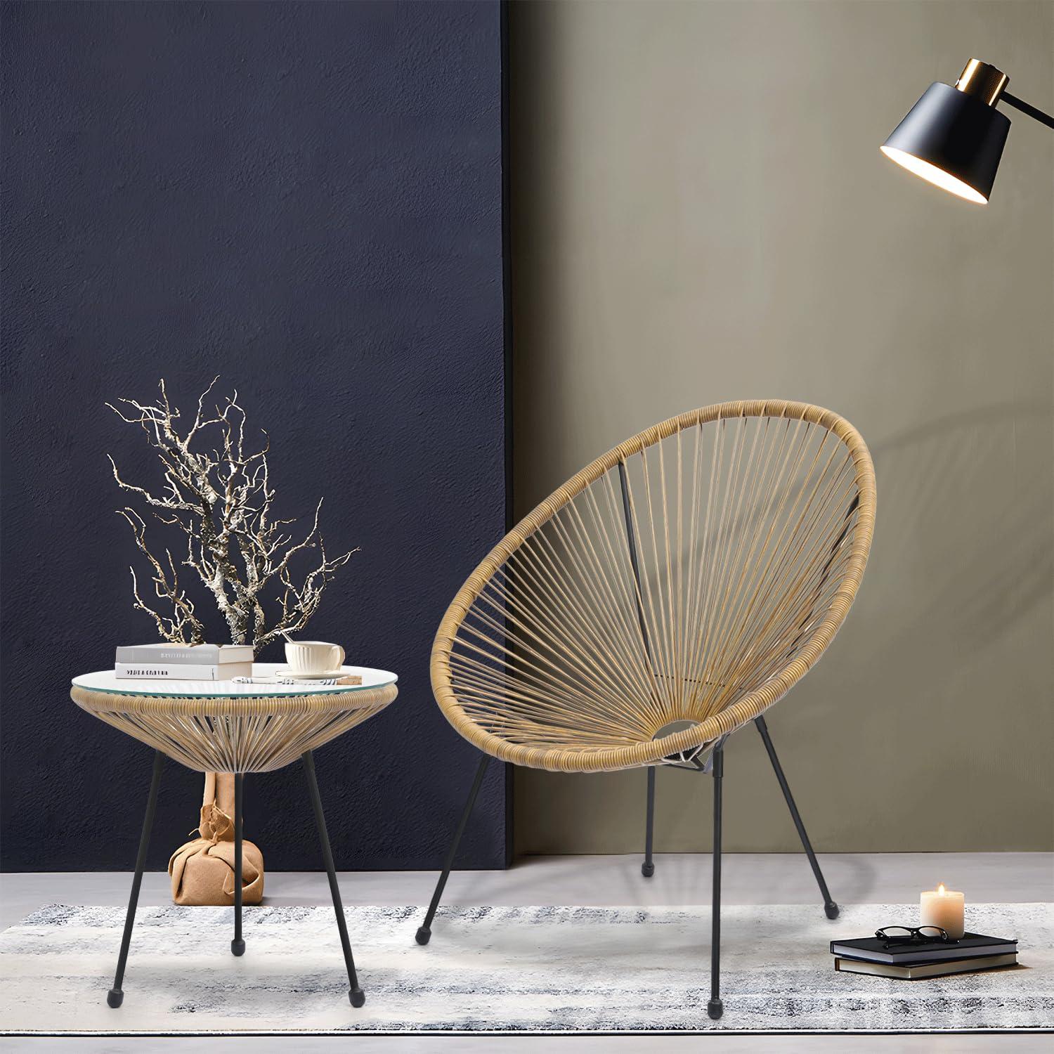 MoNiBloom 3 Pieces Outdoor Patio Furniture Rattan Wicker Table and Chairs Set, Conversation Bistro Set with Tempered Glass Tabletop for Porch Balcony Backyard Pool, Natural