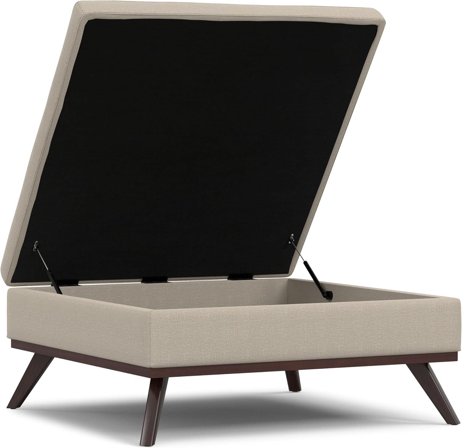 Simpli Home Owen 34"W Upholstered Coffee Table Storage Ottoman with Lift Top and Solid Wood Legs