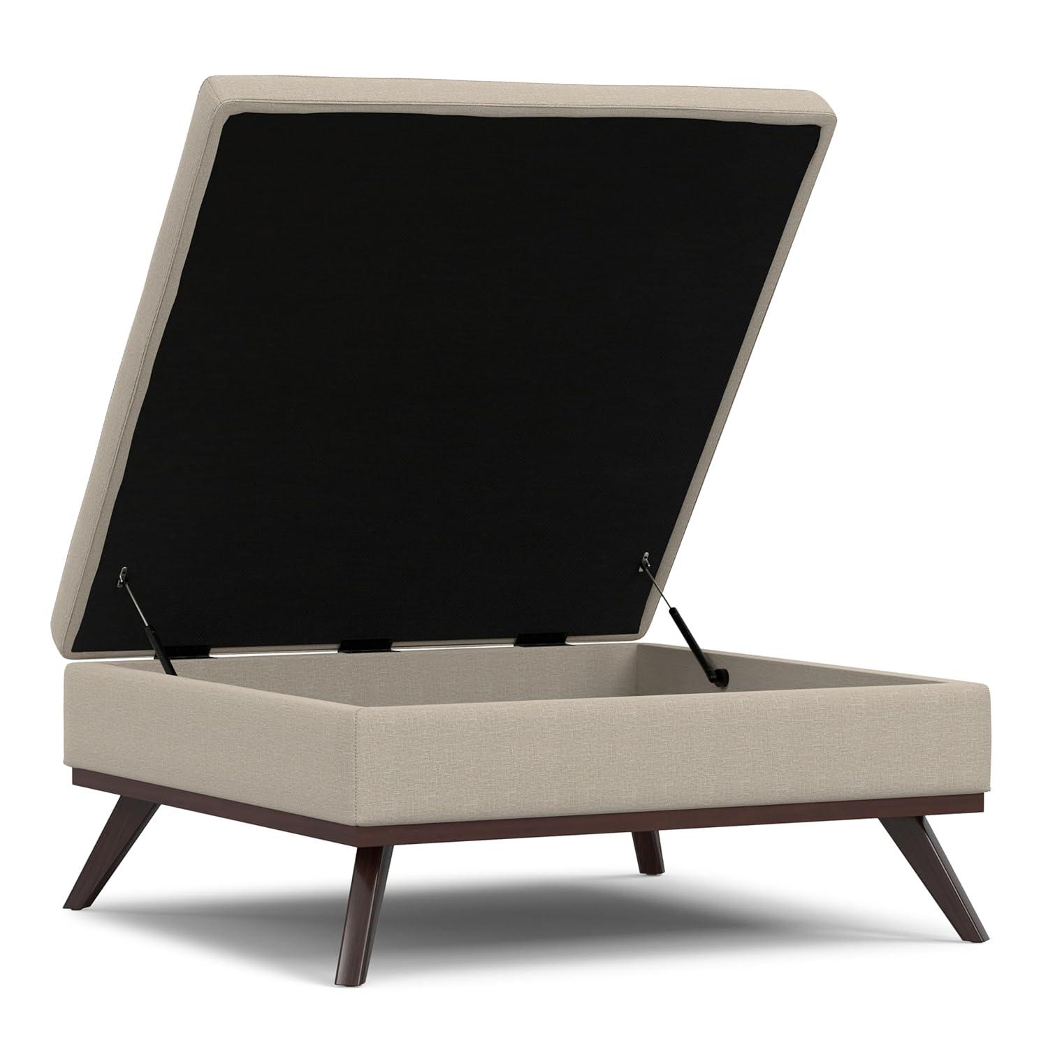 Simpli Home Owen 34"W Upholstered Coffee Table Storage Ottoman with Lift Top and Solid Wood Legs