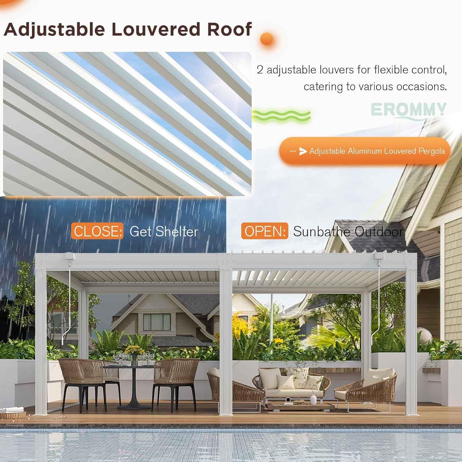 Erommy  Outdoor Louvered Pergola Gazebo with Adjustable Aluminum Rainproof Roof 10'x20' Pull Down - White