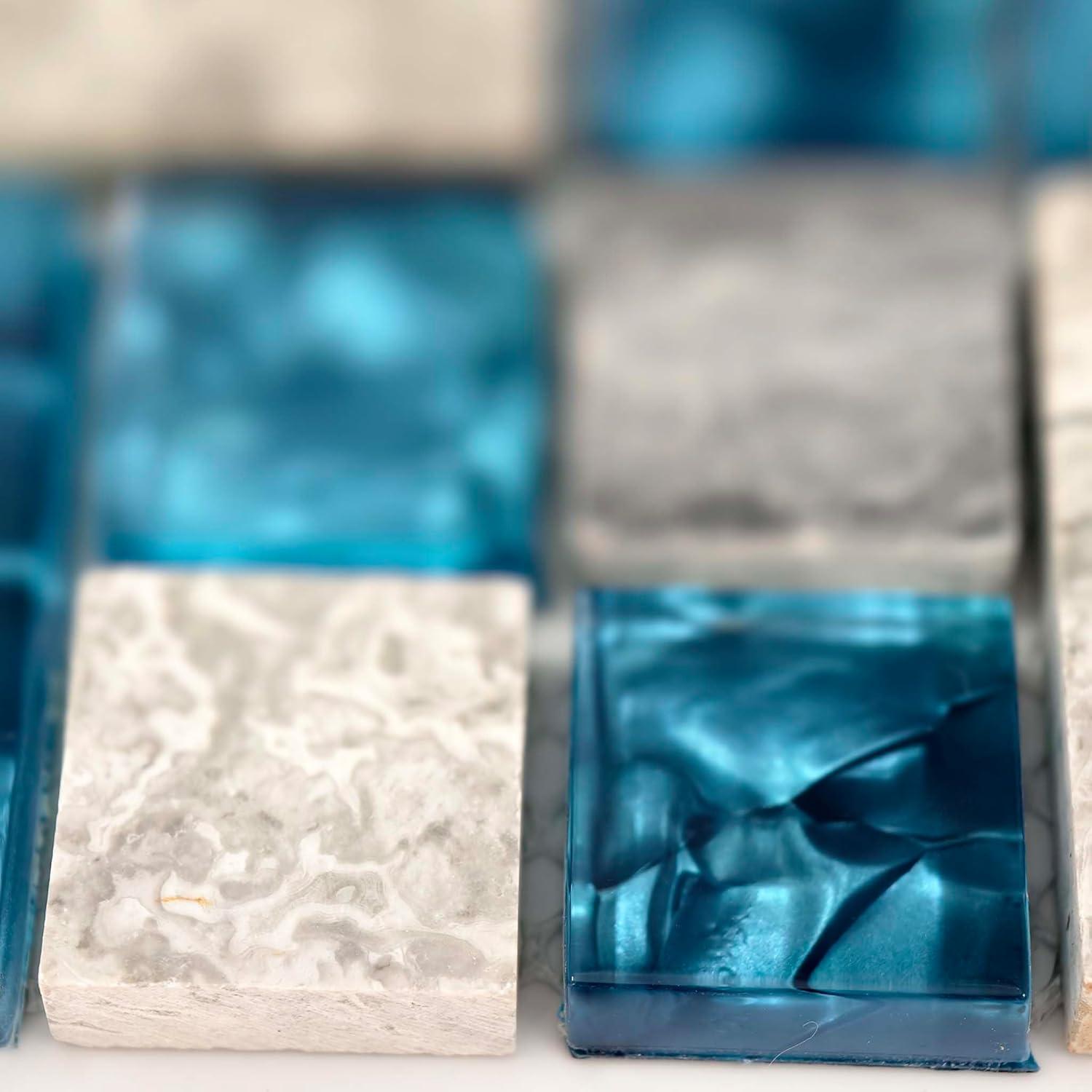 Premium Teal Blue Crystal Glass & Grey Stone Tile Modern Bathroom Shower Wall Versaille Patterns Mosaic for Kitchen Fireplace Decor (3"x12" Sample)