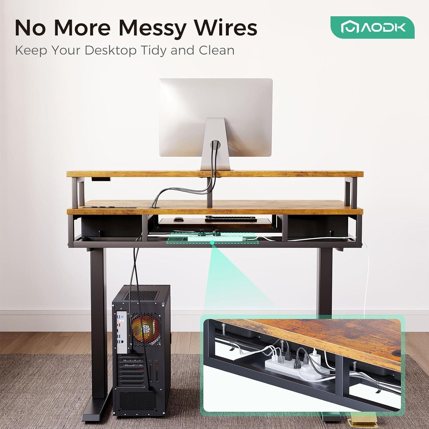 AODK Electric Standing Desk with Drawers & Keyboard Tray, 47 Inch Height Adjustable Small Gaming Desk with Power Outlets & LED Lights, Sit Stand Table with Monitor Stand for Home, Office, Rustic Brown