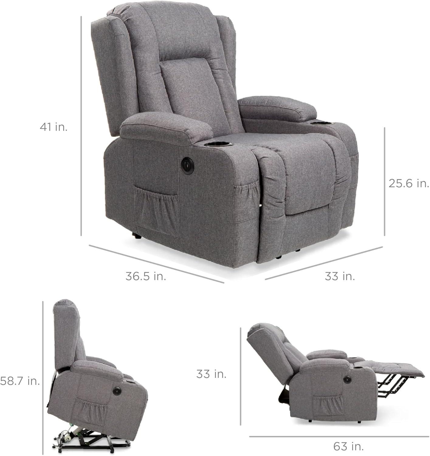 Gray Linen Electric Power Lift Recliner with Massage and Heat