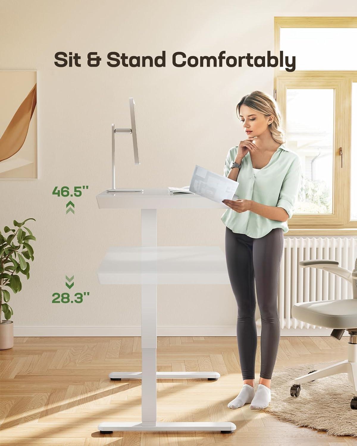 White Glass Adjustable Standing Desk with Drawer and USB Ports