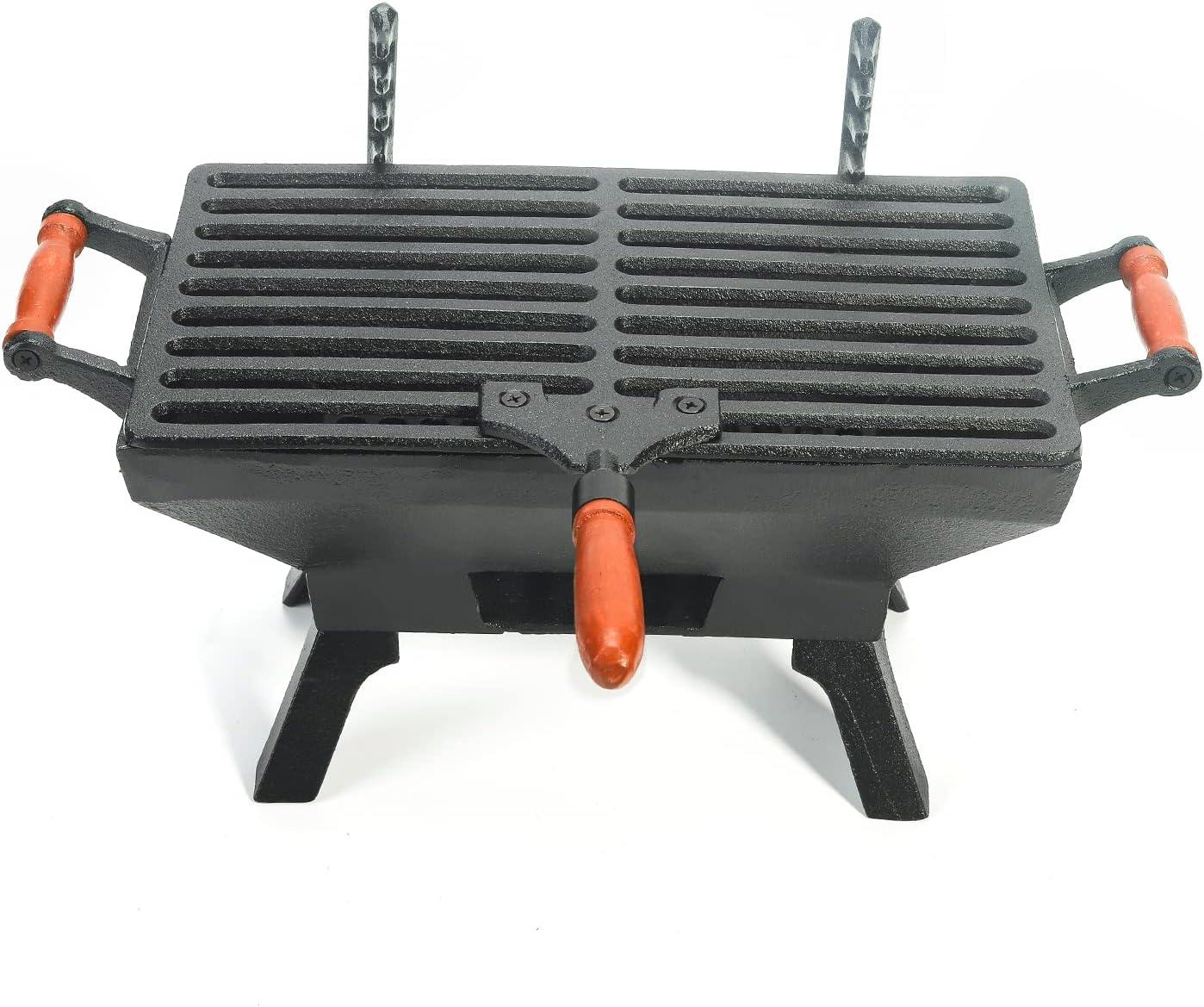 Small Black Cast Iron Portable Hibachi Grill with Red Handles