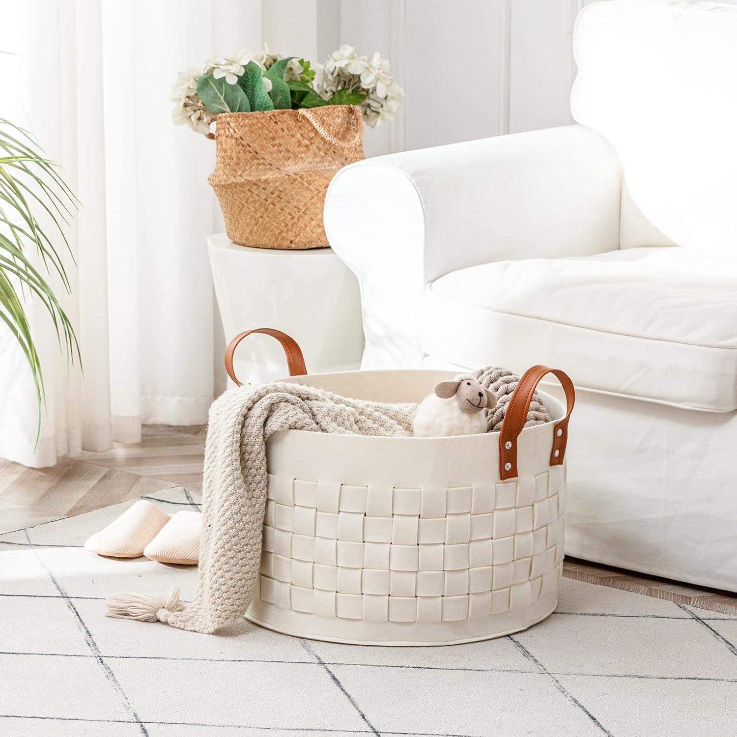 Laundry Basket 20" x20 x11.8, Large Round Blanket Basket with Leather Handle, Felt Storage Basket for Living Room, Nursery, Dog Toys-Dark Gray