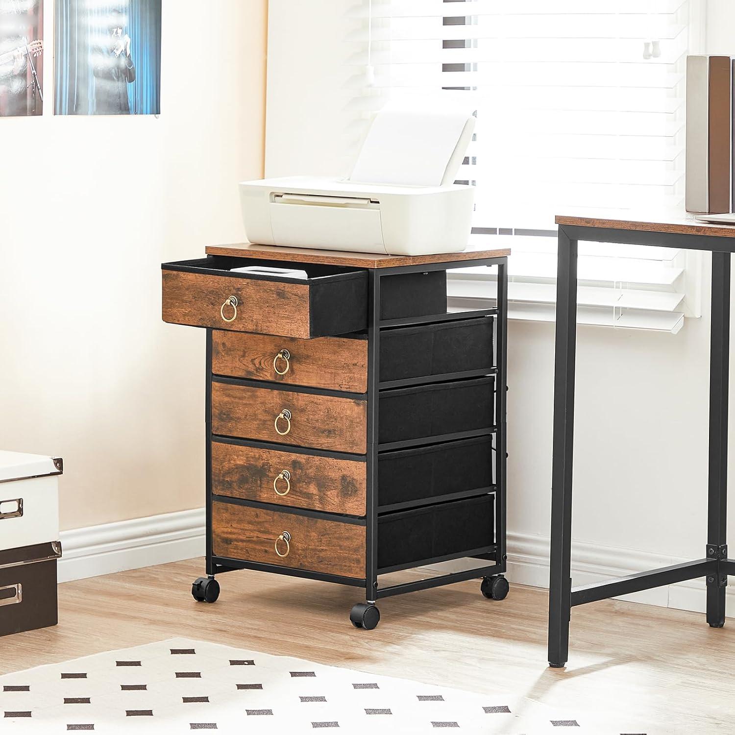 Rustic Brown Mobile 5-Drawer Office Cabinet with Metal Frame