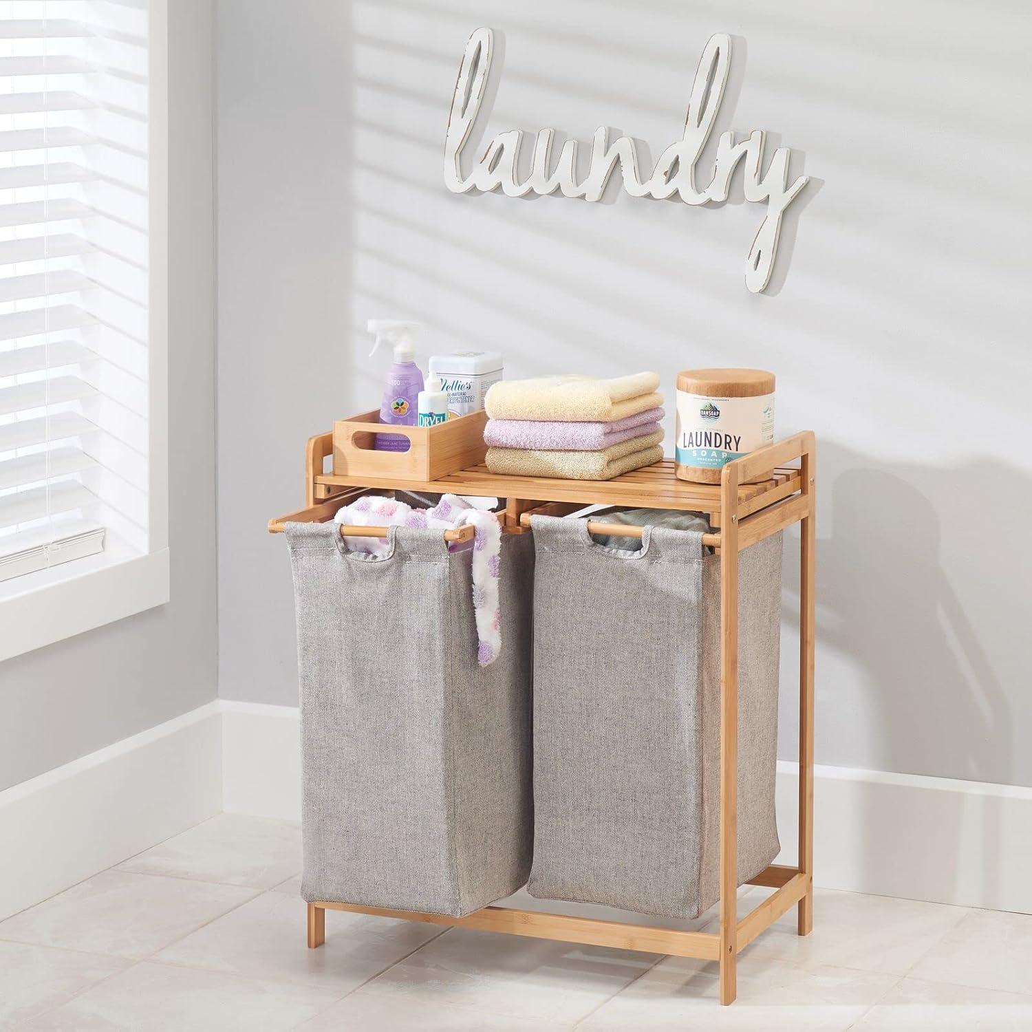 mDesign Bamboo Freestanding Double Laundry Basket Hamper Organizer - Natural/Tan