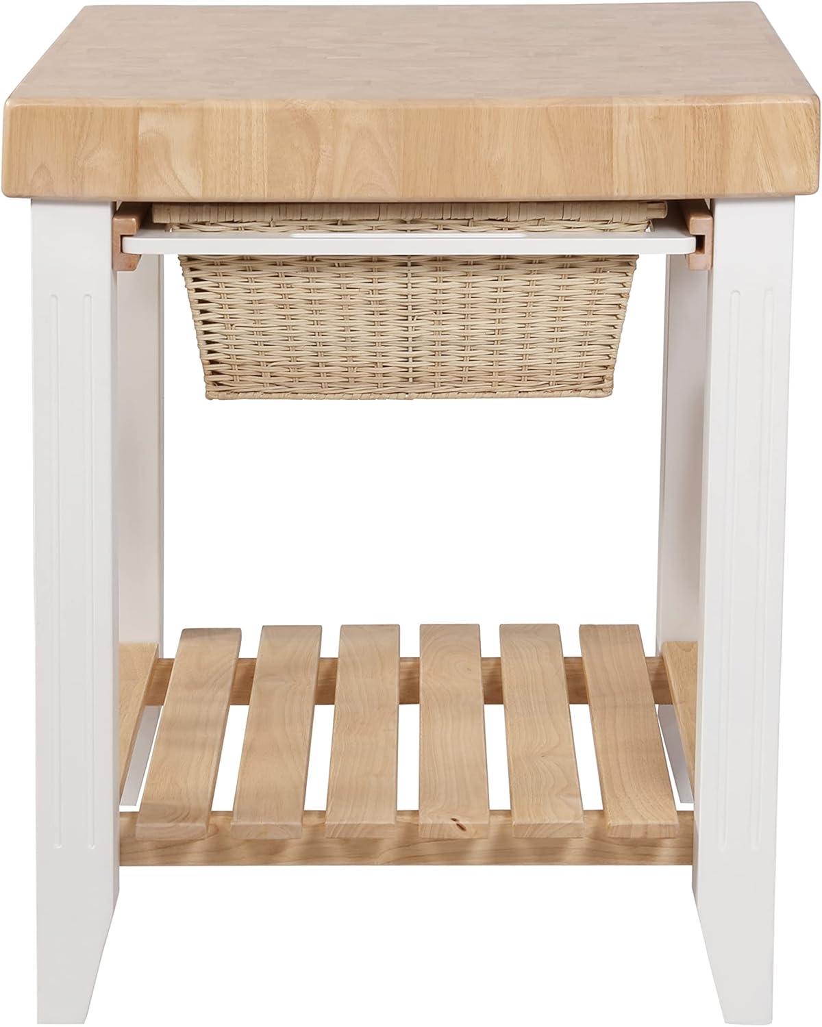 Linon Kolton Butcher Block Kitchen Island with 2 Baskets in White/Natural Wood