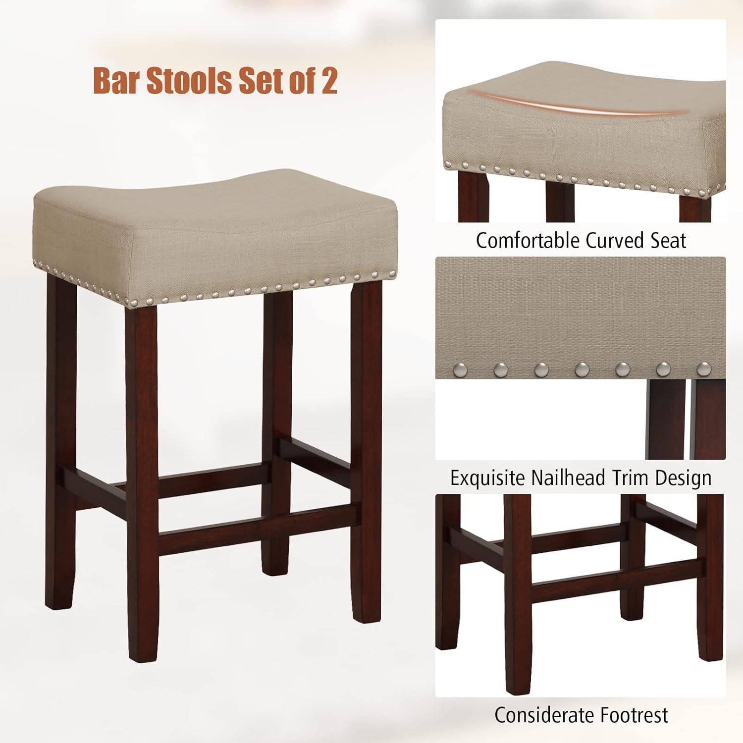 Costway Set of 2 Bar Stools Counter Height Saddle Kitchen Chairs with Wooden Legs Beige