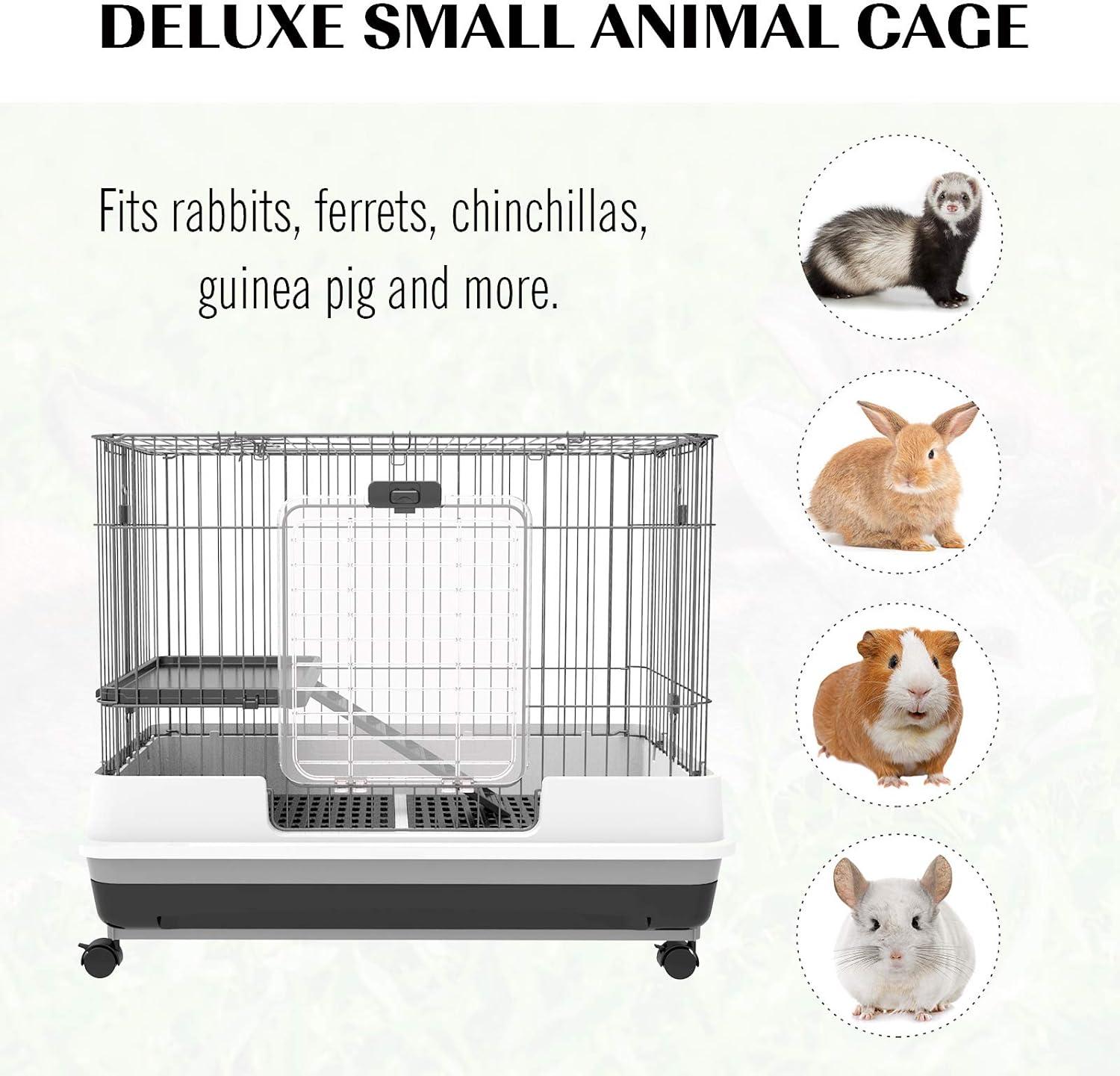 PawHut 2-Level Small Animal Cage Rabbit Hutch with Wheels, Removable Tray, Platform and Ramp for Bunny, Chinchillas, Ferret, Black