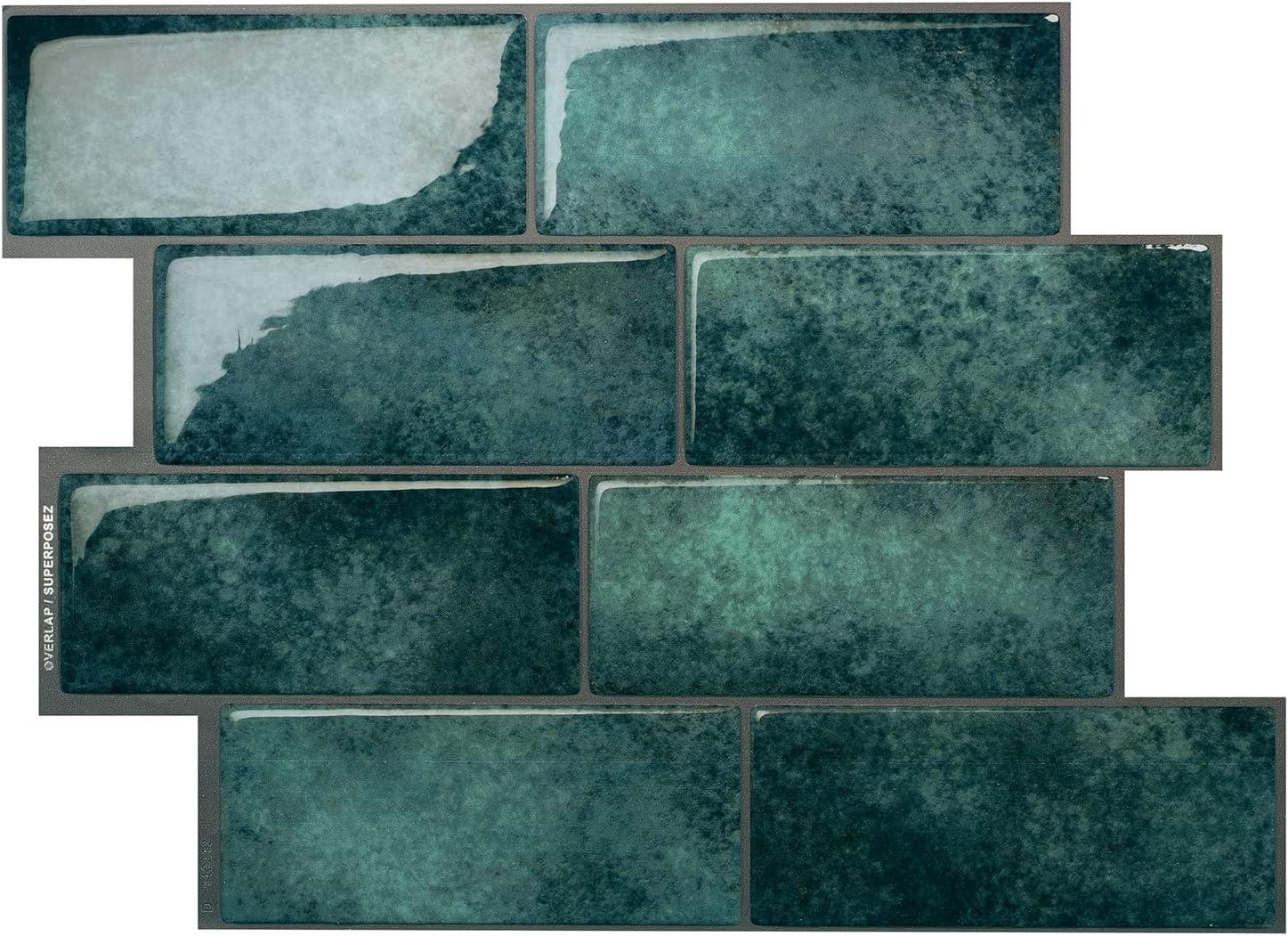 Smart Tiles - 3D Adhesive Peel and Stick Backsplash Tile, Blue & Green - 5-Pack 11.56" x 8.38"