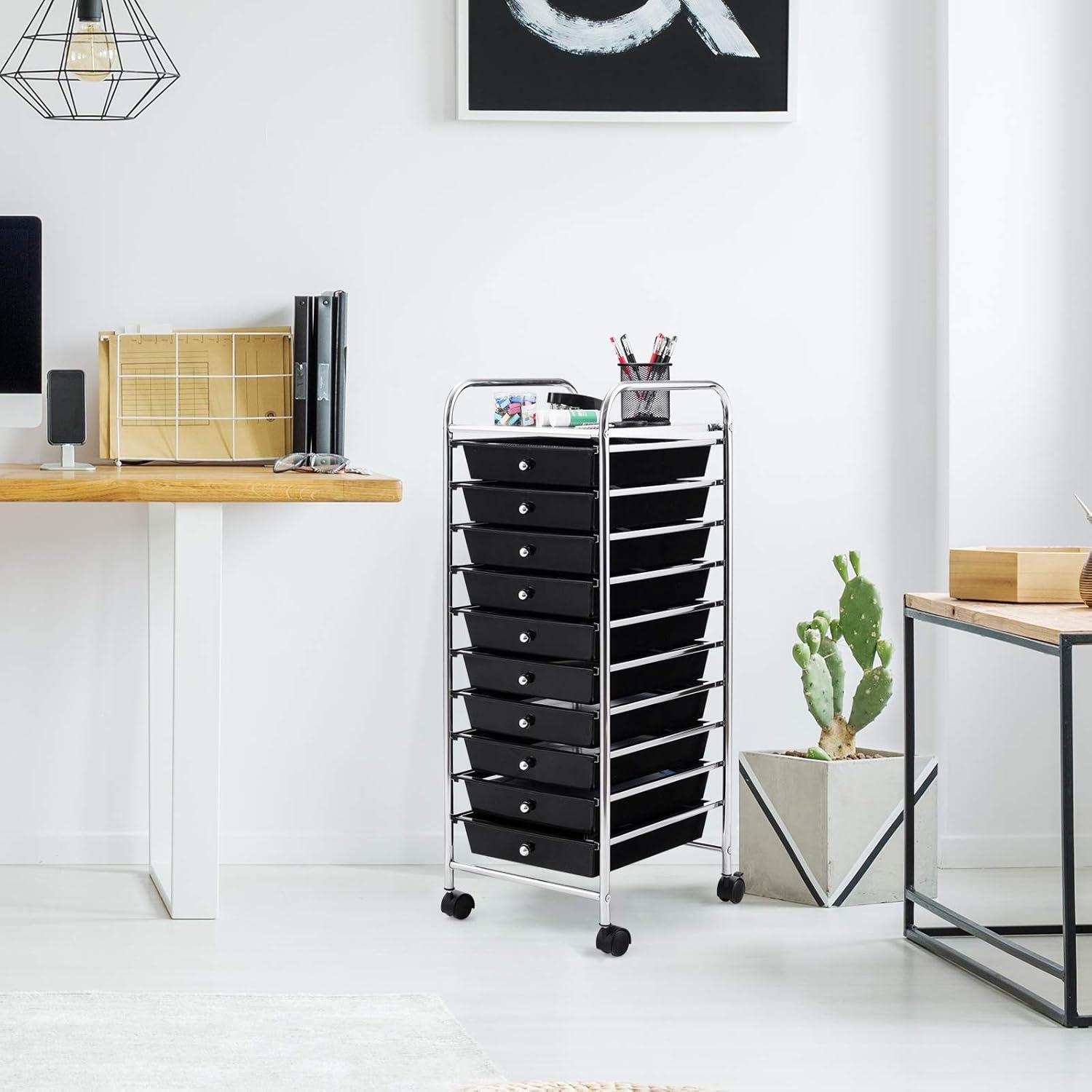 Black and Silver 10-Drawer Rolling Storage Organizer Cart