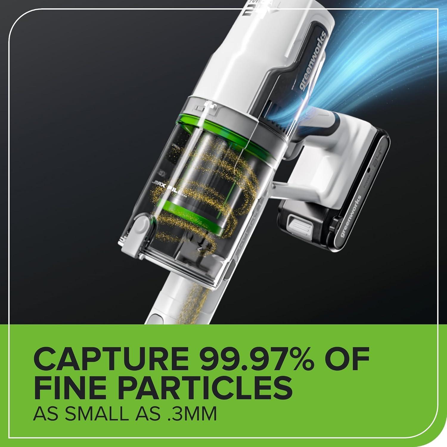 Greenworks 24V Brushless Cordless Stick Vacuum, Lightweight, Handheld, Pet, Anti-Allergen HEPA Filtration, Hard Floor, Carpet, Car, 4Ah Battery, and 30-Minute Charge Time (White)