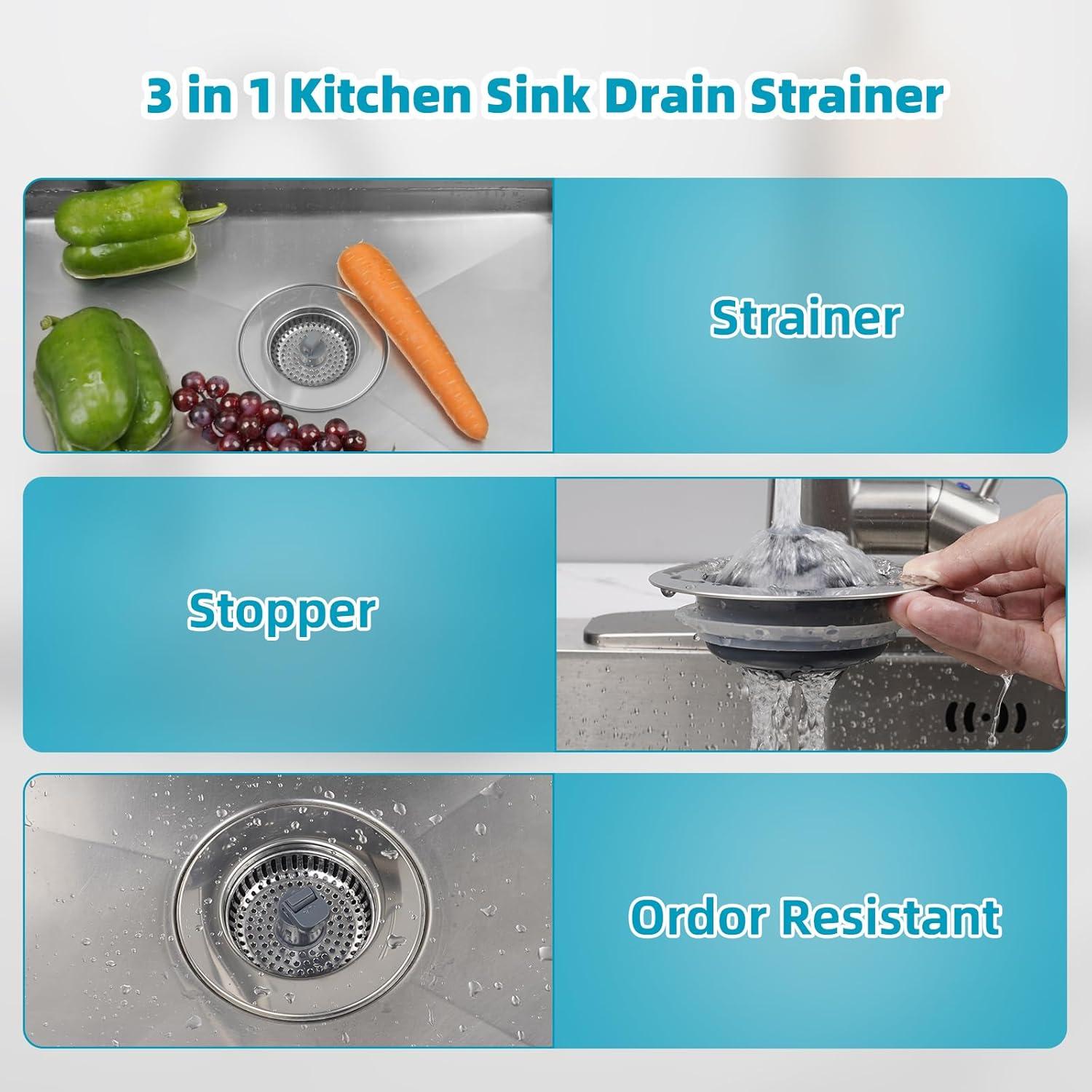 Hibbent 3-in-1 Kitchen Sink Drain Strainer  Stopper , Stainless Steel Pop-Up Design, Anti-Clogging Metal Basket with Handle, Compatible with US Standard 3-1/2" Drain