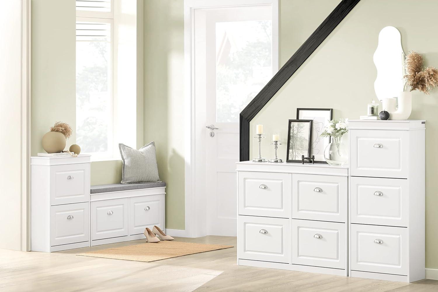 SoBuy White Shoe Cabinet with 4 Flip Drawers, Large Freestanding Shoe Rack, Modern Shoe Organizer for Entryway, Hallway, Entance FSR79-W