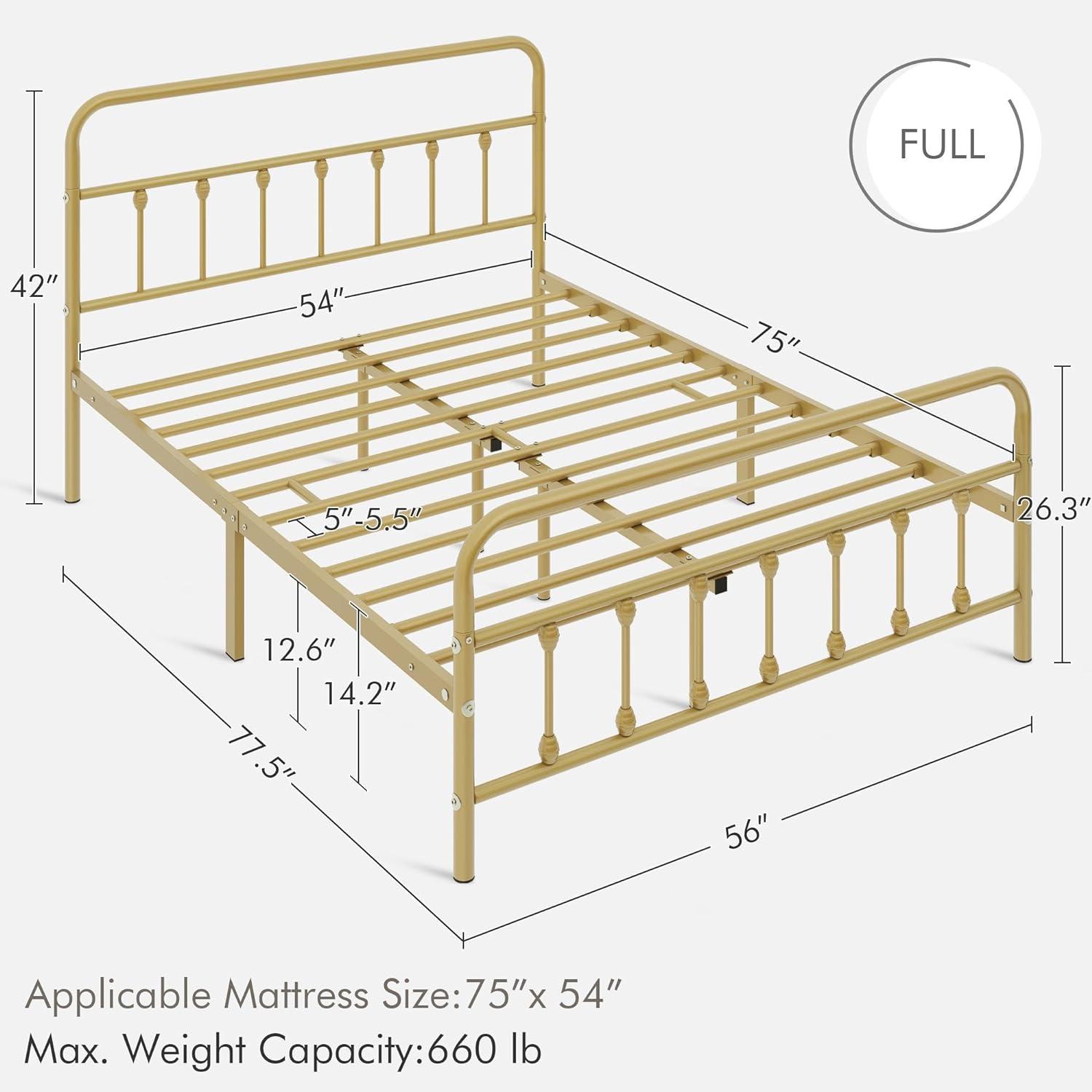 Antique Gold Full Metal Platform Bed with Headboard and Footboard