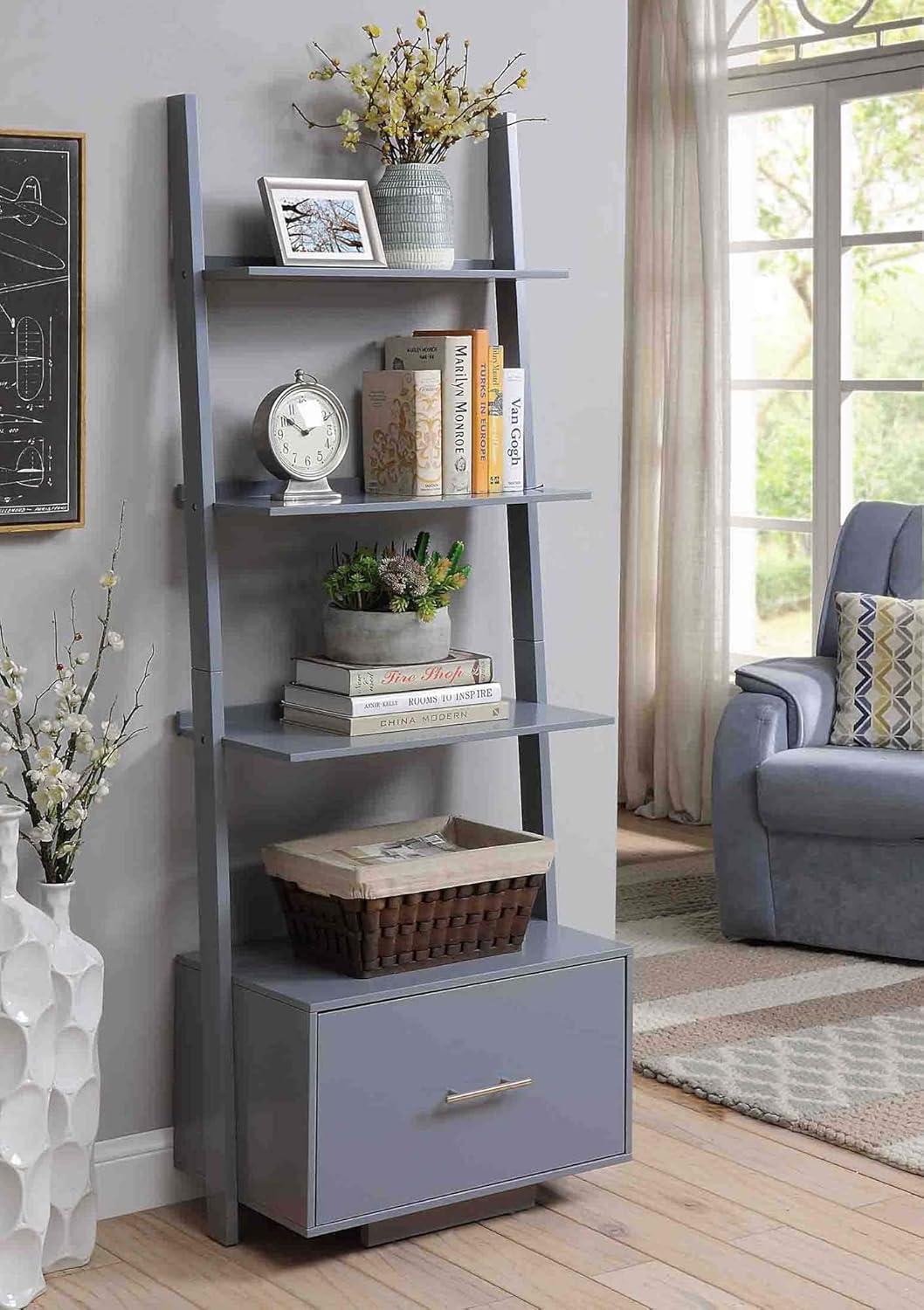 American Heritage 69'' Gray Ladder Bookcase with File Drawer