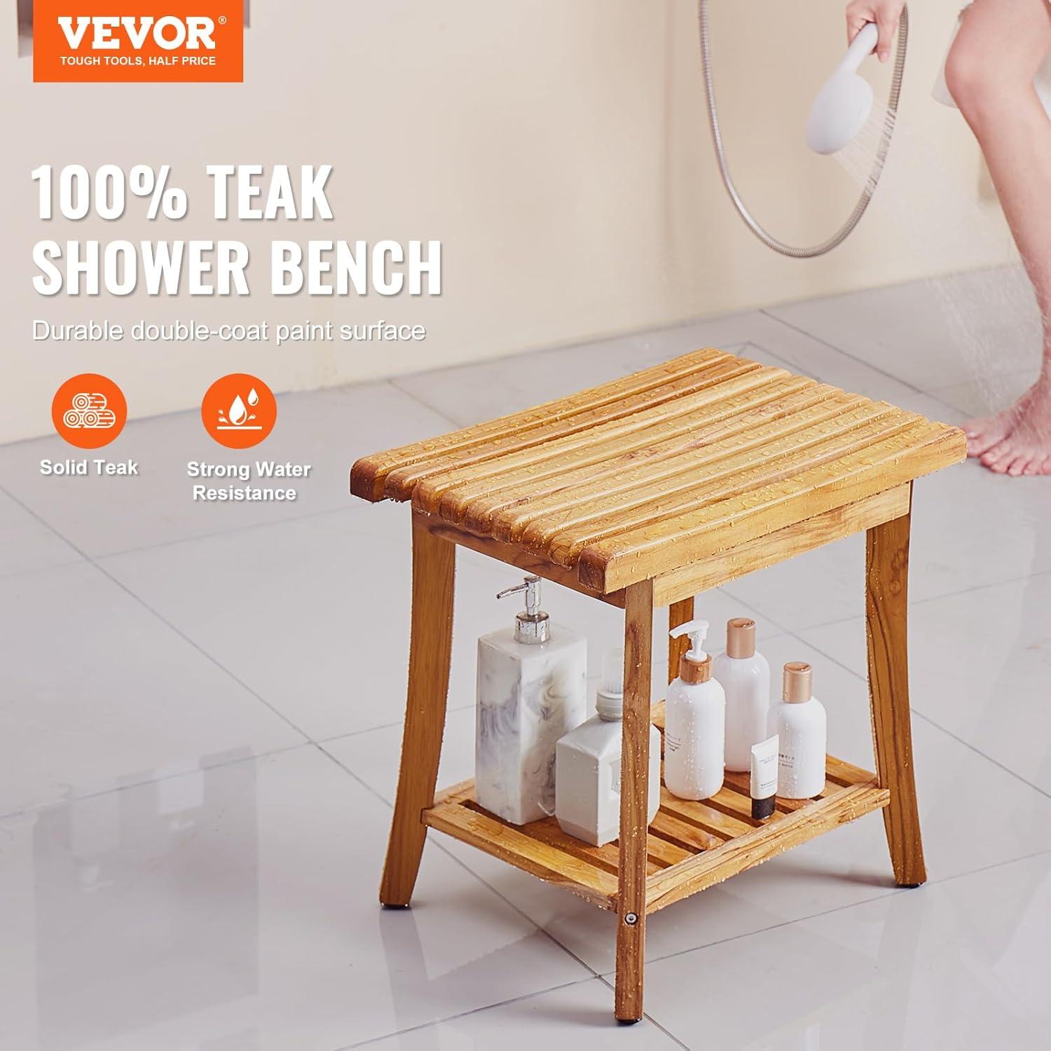 Teak Wood Shower Bench with Storage Shelf and Non-Slip Pads