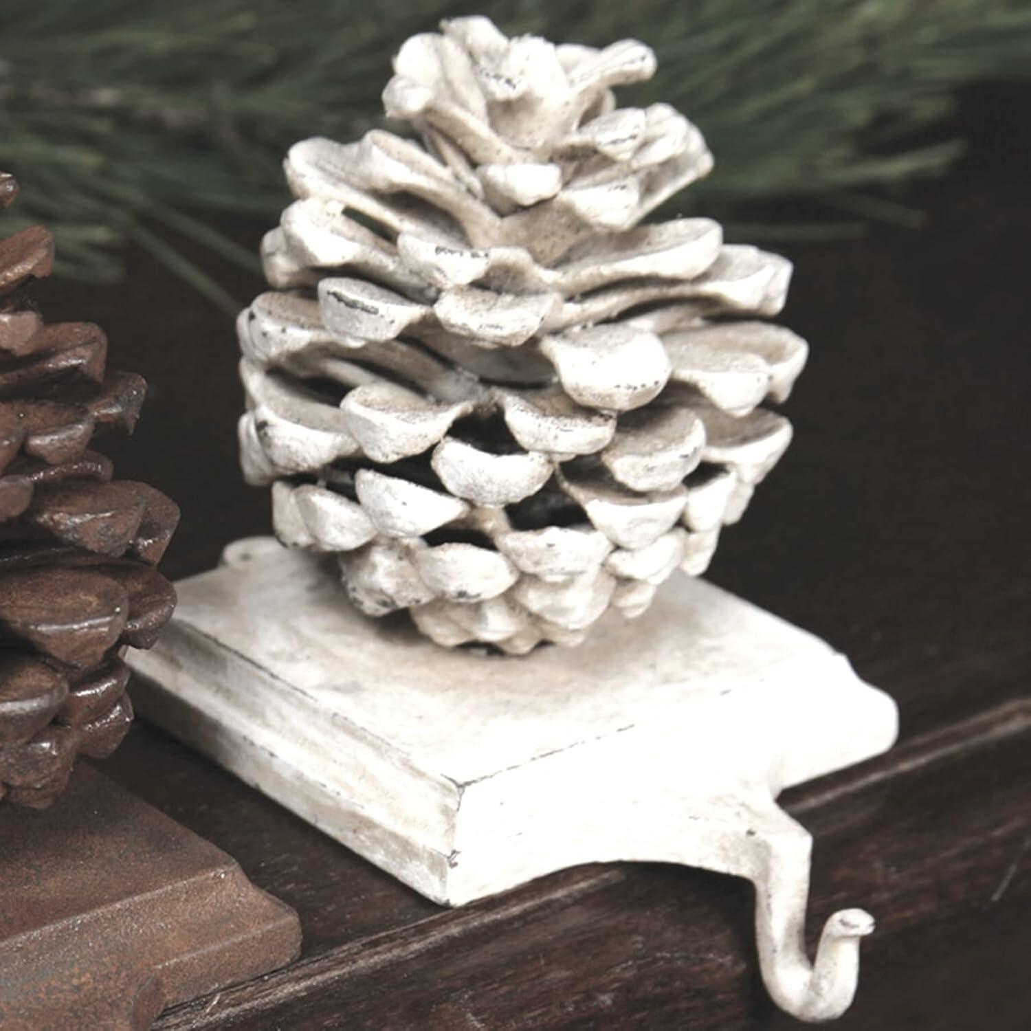 White Cast Iron Pinecone Stocking Holder for Mantels