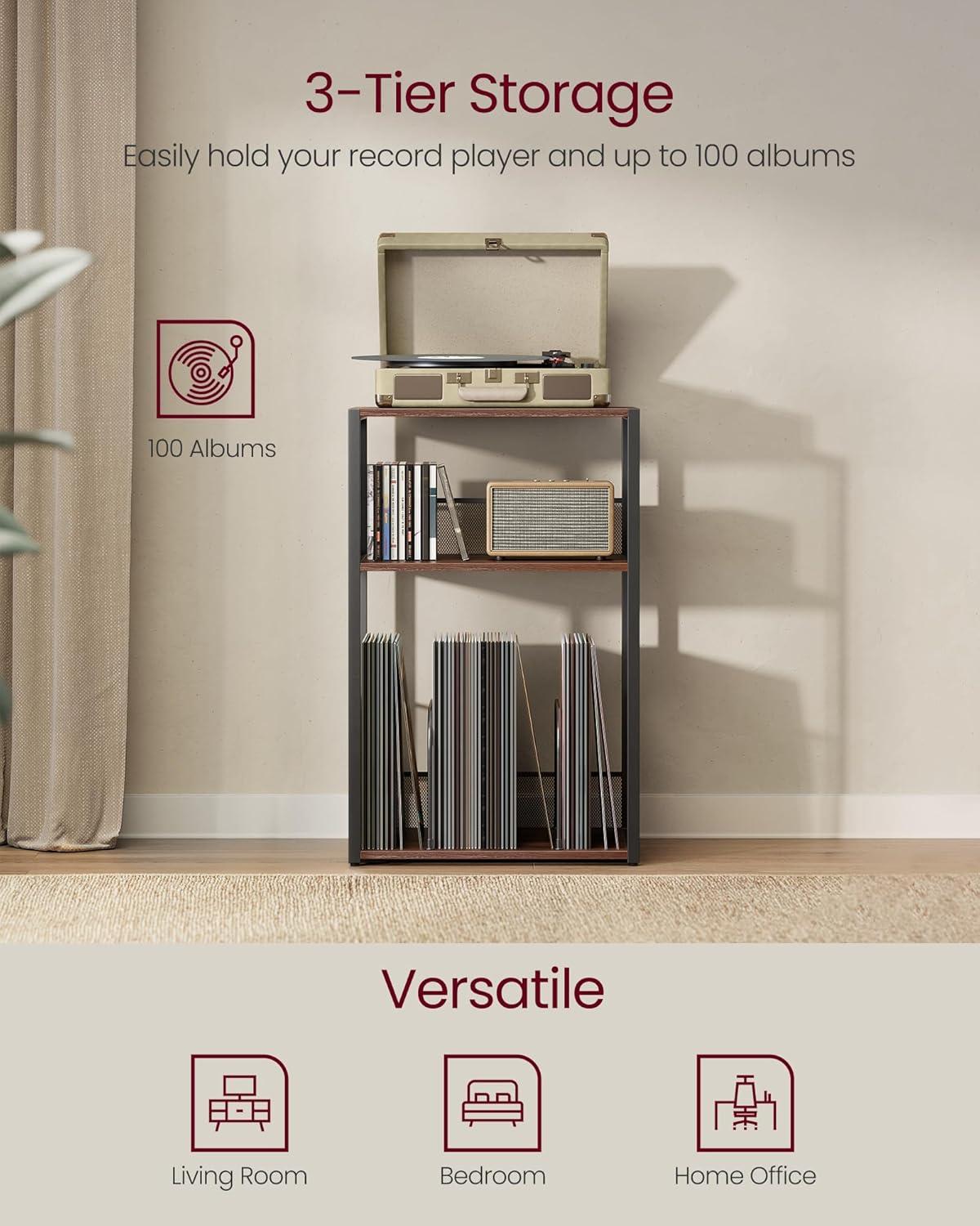 VASAGLE Record Player Stand, 3-Tier Side Table, Vinyl Record Storage up to 100 Albums, End Table for Living Room, Bedroom, Rustic Brown ULET275K01