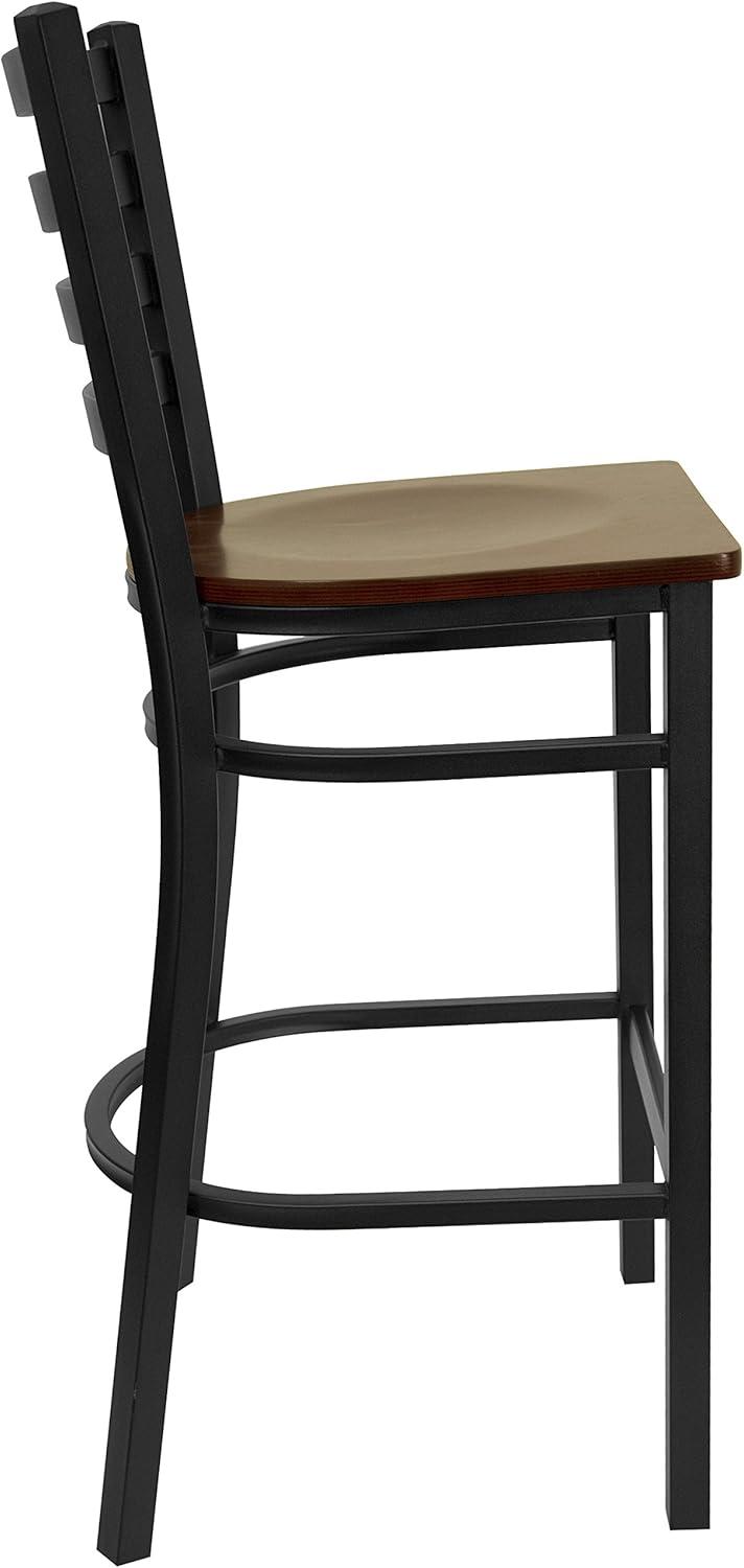 Flash Furniture HERCULES Series Black Ladder Back Metal Restaurant Barstool - Mahogany Wood Seat