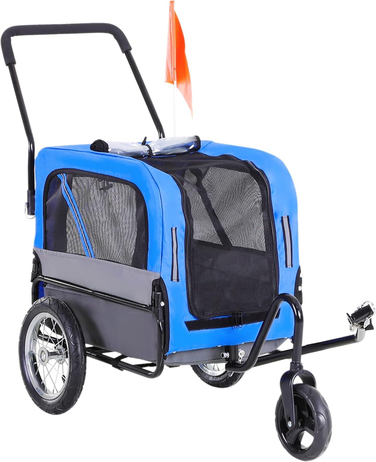 Blue 2-in-1 Small Dog Bike Trailer and Stroller with Safety Leash