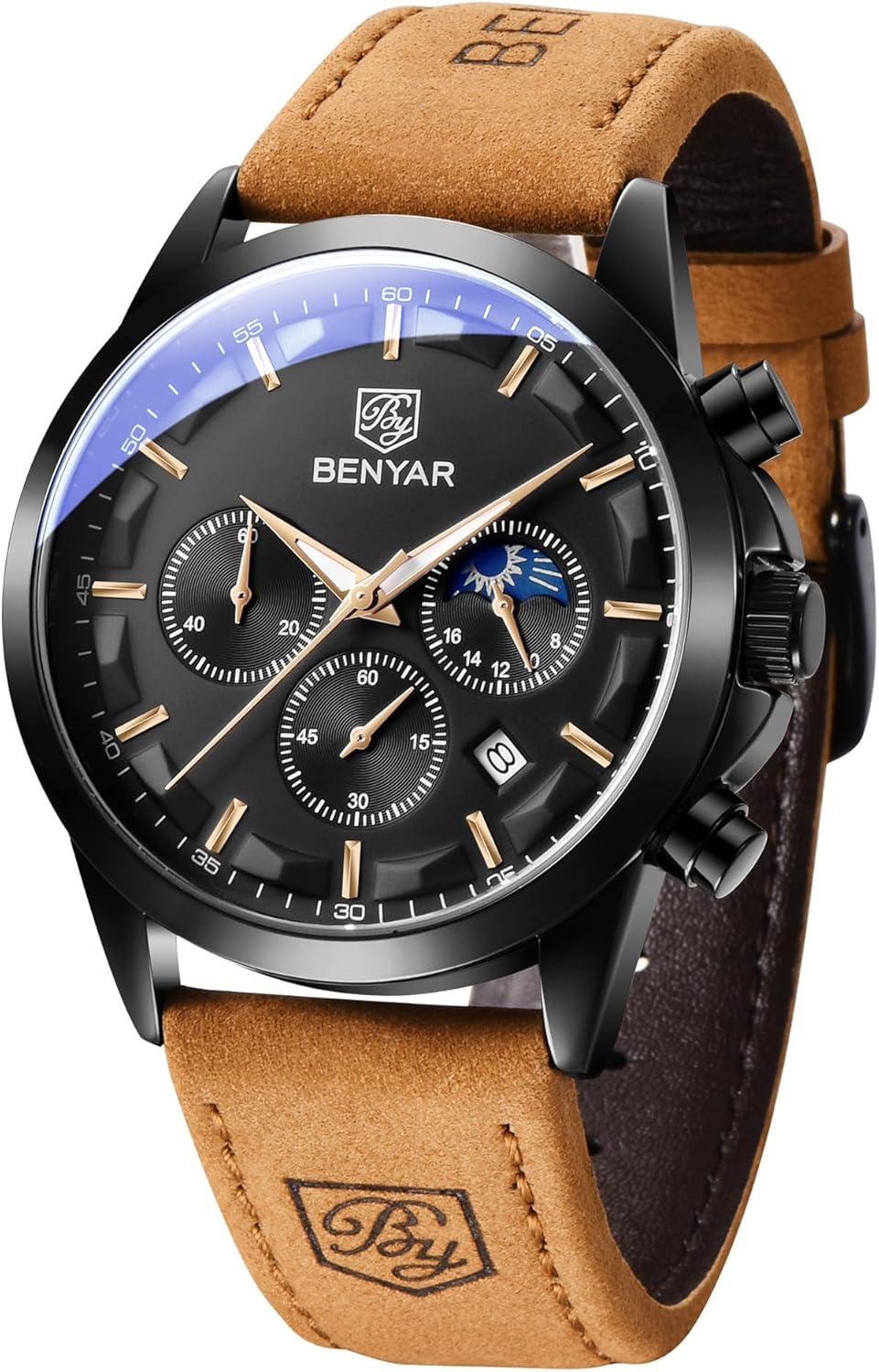 BY BENYAR Mens Watches Analog Quartz Chronograph Waterproof Wrist Watches for Men Fashion Business Work Casual Sport Designer Dress Watch with Calendar Elegant Gifts for Men