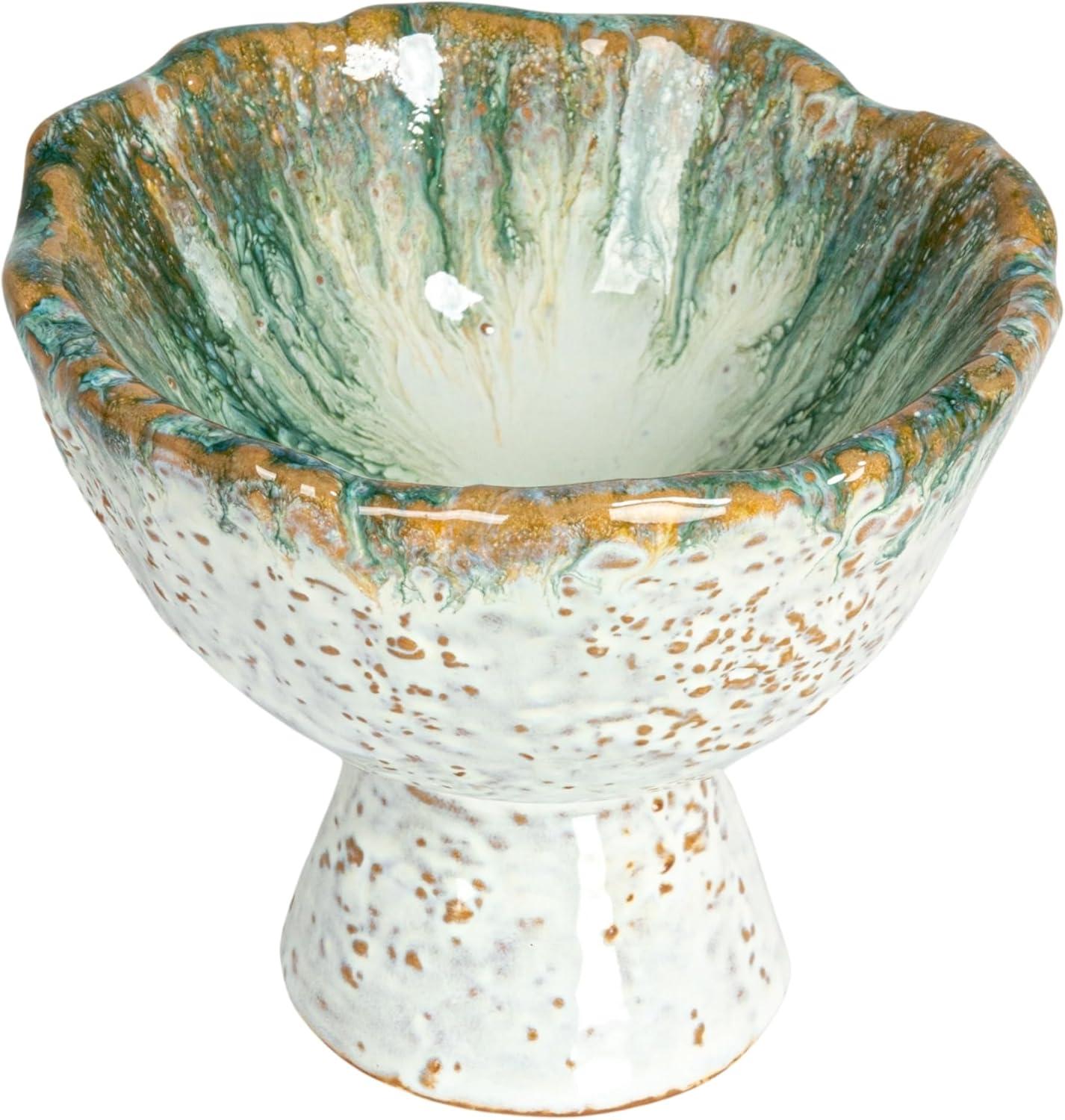 Green and Brown Speckled Stoneware Bowl with Stand