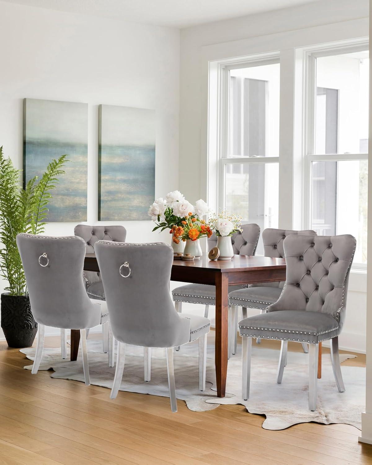 Gray Velvet Tufted Upholstered Side Chair with Silver Metal Legs, Set of 6