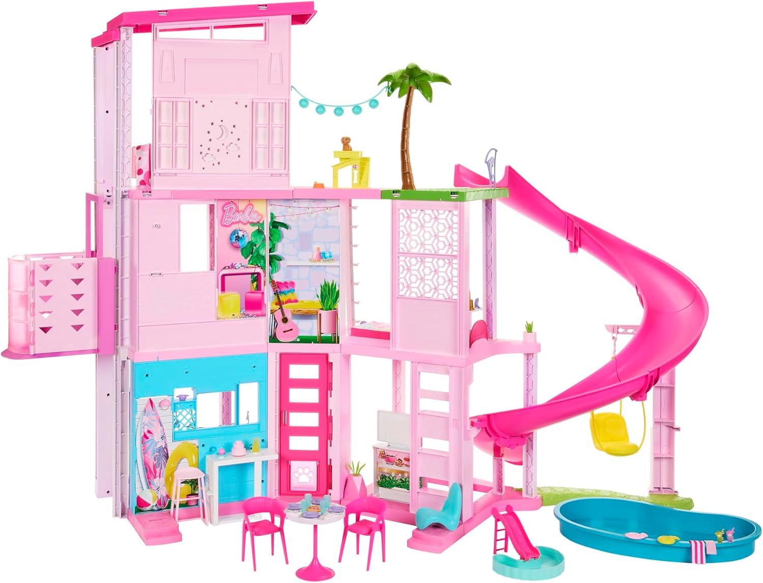 Barbie Dreamhouse Pool Party Doll House with 75+ pc, 3 Story Slide: Adult Assembly, Fits 12 Inch Dolls