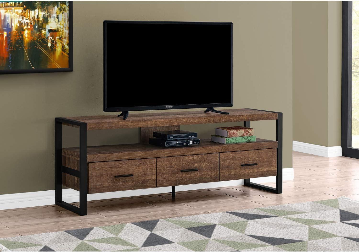 Brown Reclaimed Wood 60" TV Stand with Black Metal Frame and 3 Drawers