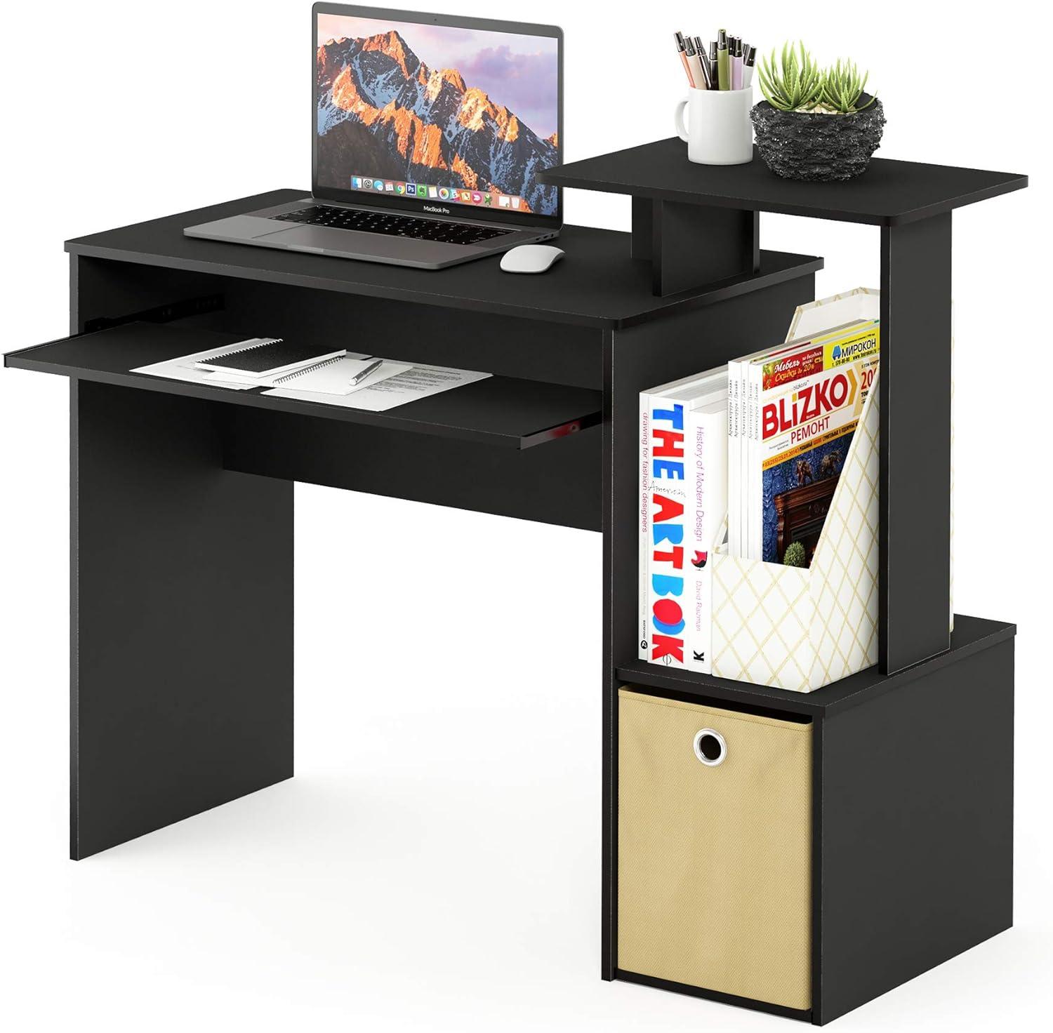 Compact Black/Brown Engineered Wood Home Office Desk with Drawers