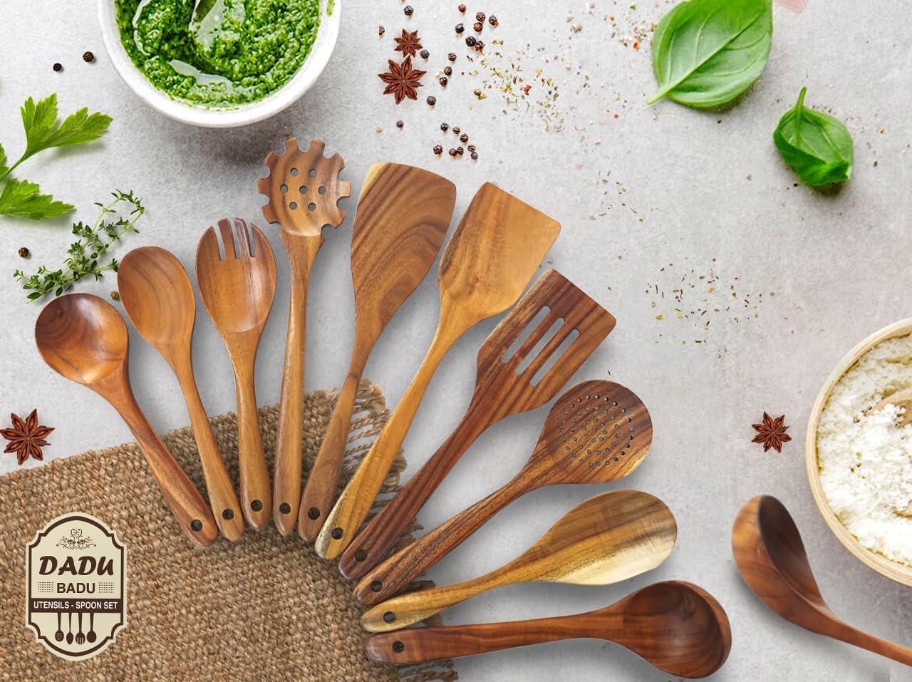 Wooden Spoons for Cooking, 10 Pcs Teak Wood Cooking Utensil Set ‚ Wooden Kitchen Utensils for Nonstick Pans & Cookware ‚ Sturdy, Lightweight & Heat Resistant