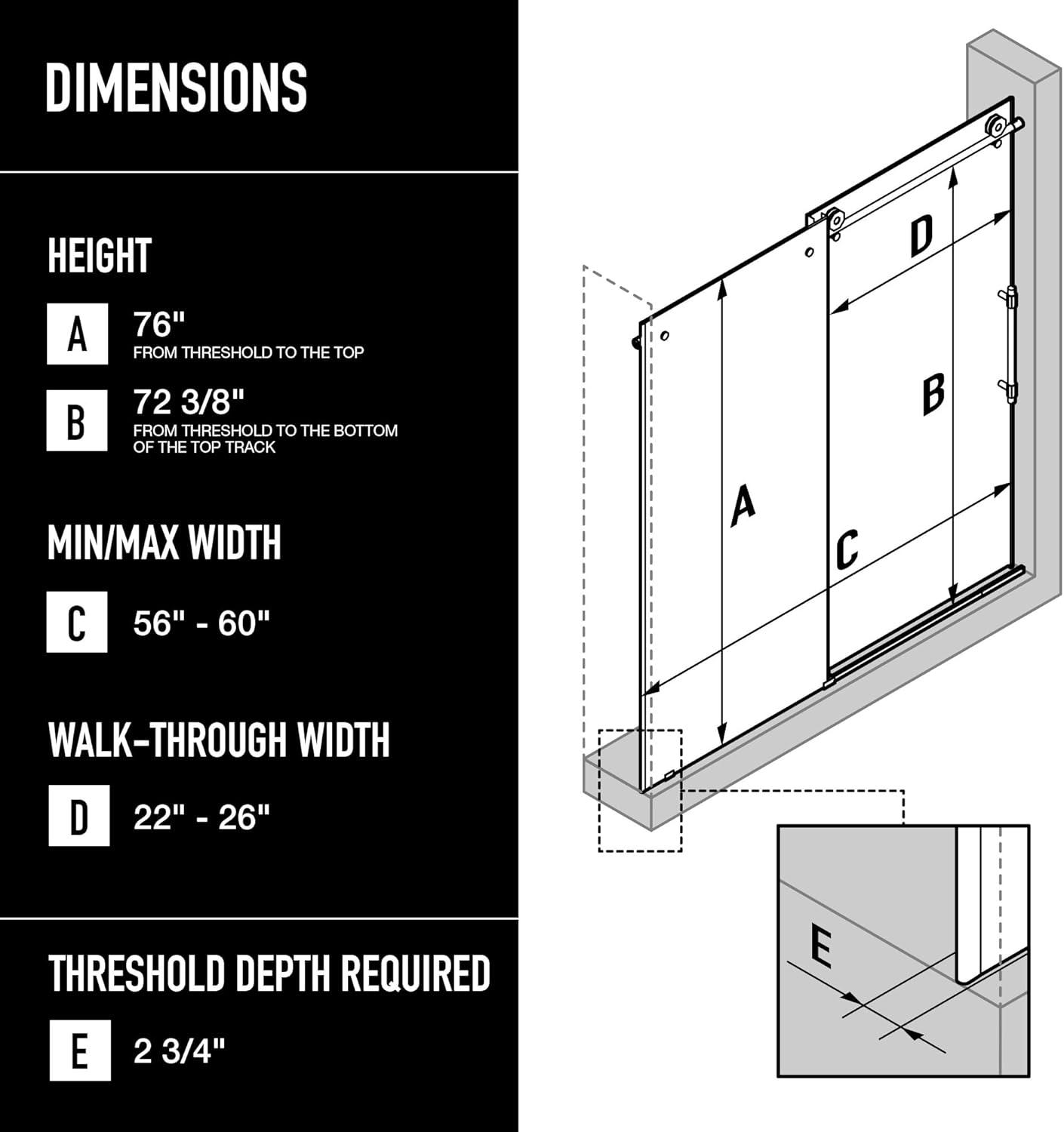 Elan Hart 56-60" W x 76" H Sliding Frameless Shower Door with 3/8" Clear Glass