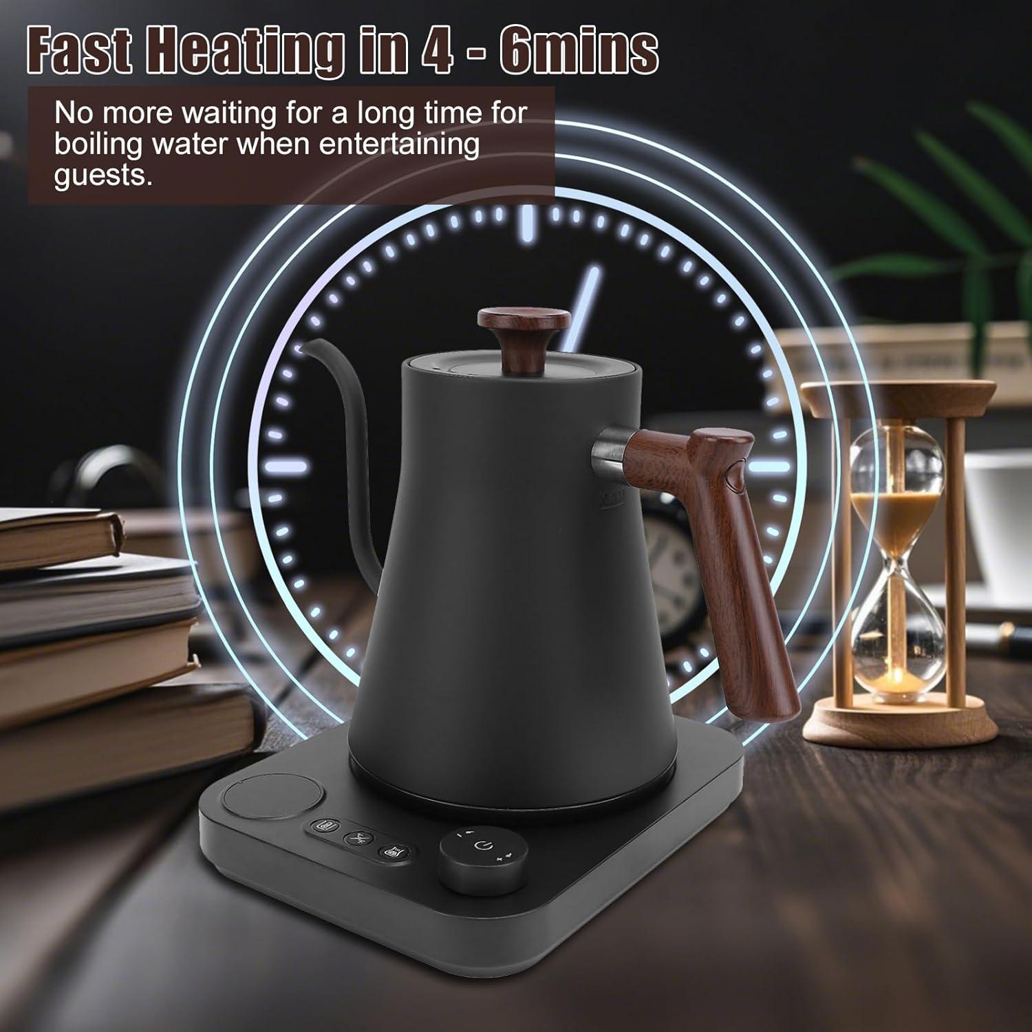 Black Stainless Steel 0.9L Electric Gooseneck Kettle with Wood Accents