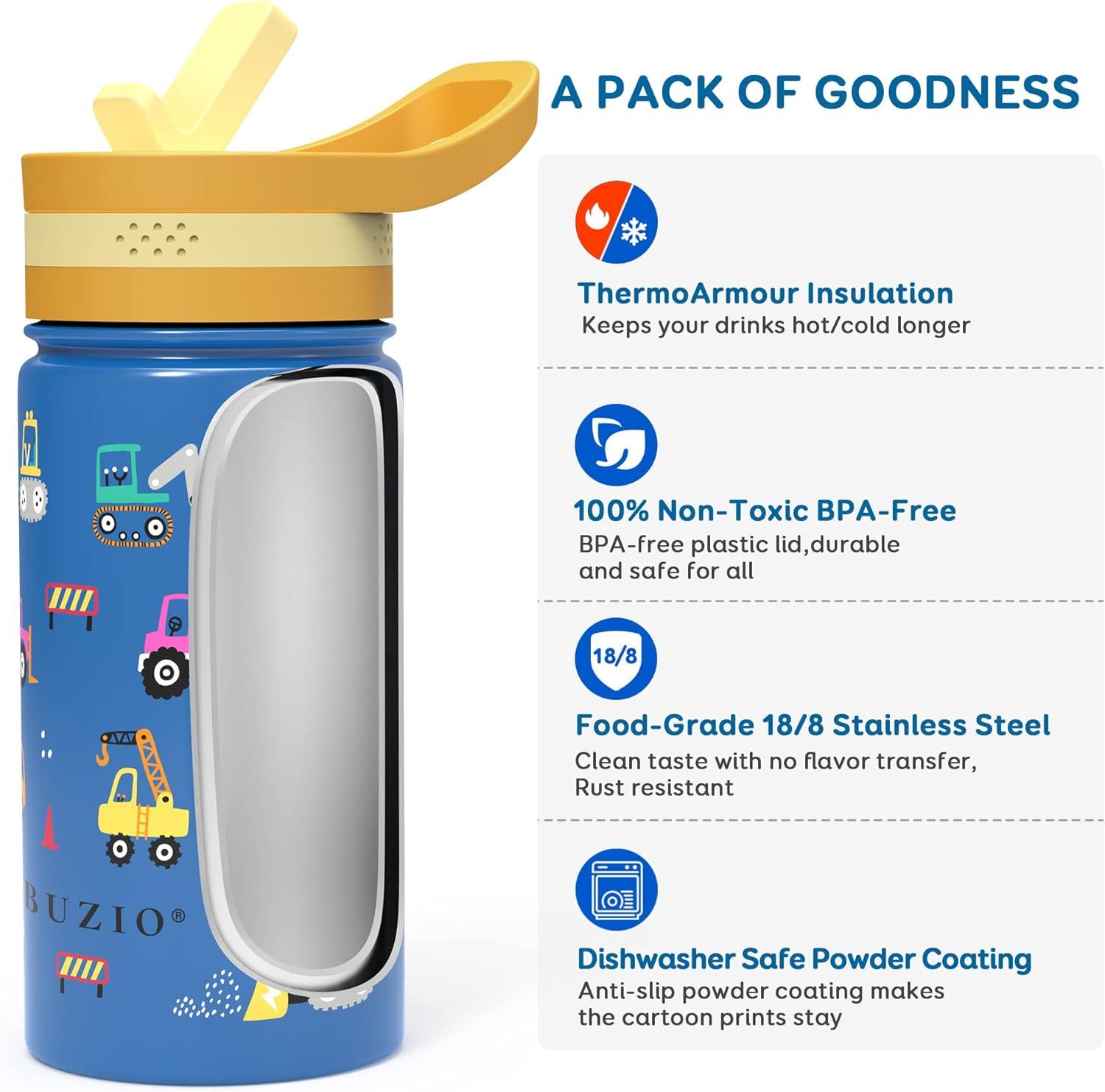 Buzio Insulated Water Bottle with Straw for Kids, 2 Lids Double Vacuum Metal Water Bottle, 14 Ounce, Blue Shark