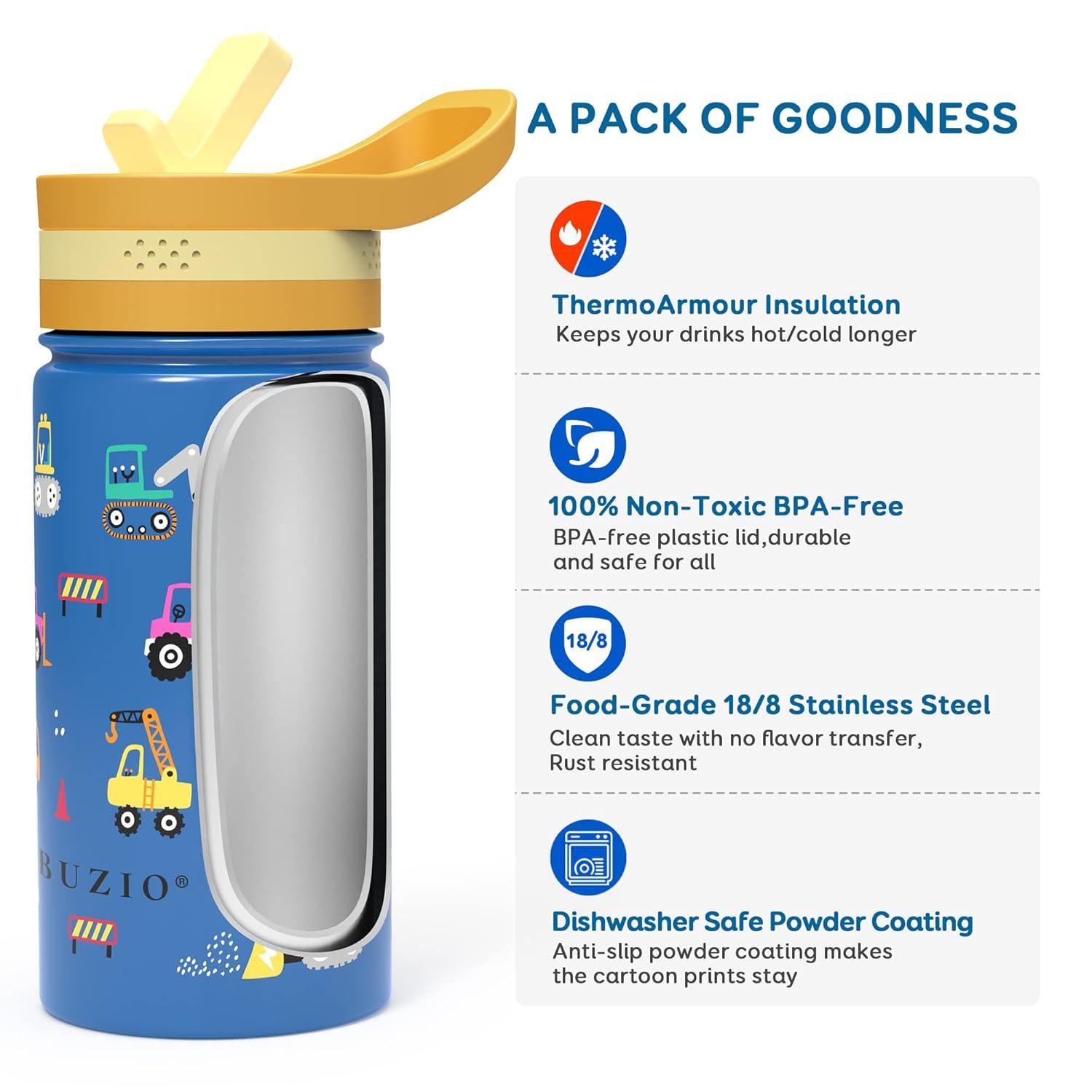 Buzio Insulated Water Bottle with Straw for Kids, 2 Lids Double Vacuum Metal Water Bottle, 14 Ounce, Blue Shark