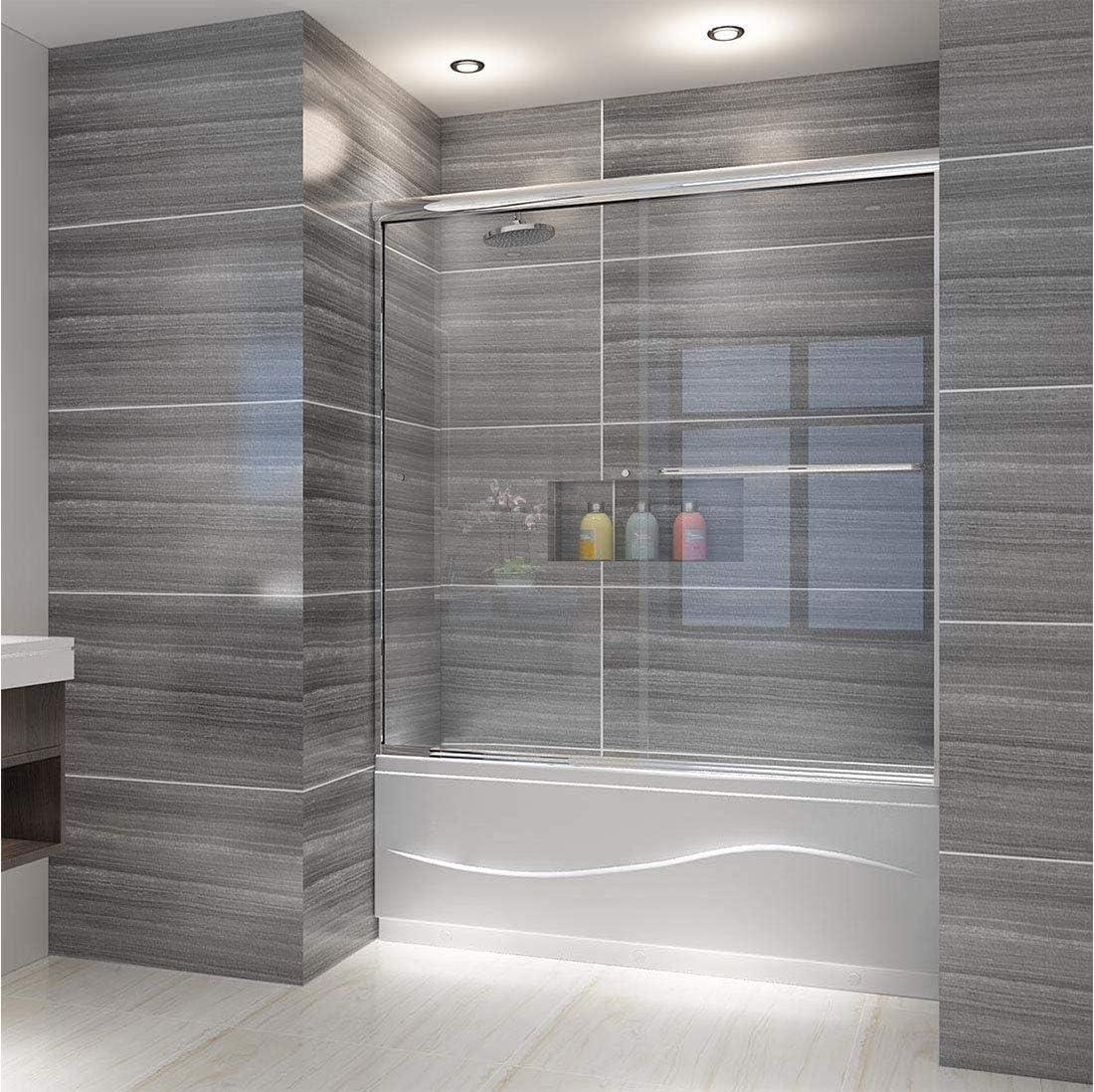 Elegant  60 x 62 Semi-Frameless Double Sliding Shower Tub Door Chrome Finish Chrome Finish