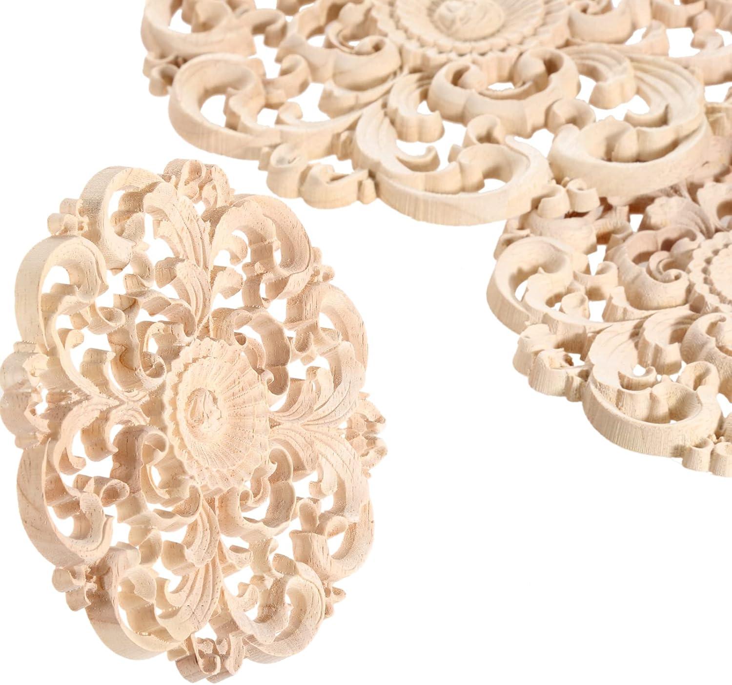 Frcolor Wood Corner Wooden Applique Onlay Furniture Cabinet Carved Decals Flower Unpainted Oval Appliques Diy Onlays Carving