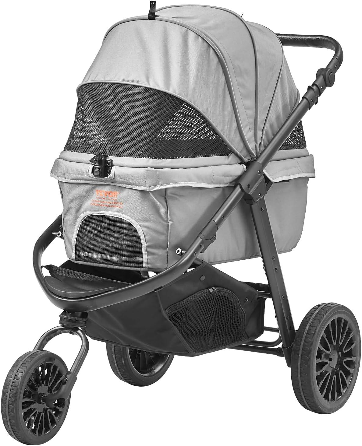 Gray Large Pet Stroller with Adjustable Handle and Storage