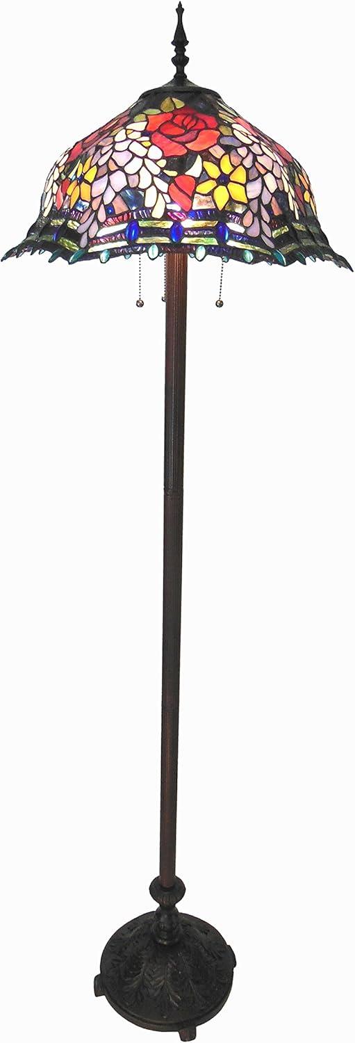 Carrell Antique Bronze Tiffany-Style Roses Floor Lamp with Stained Glass