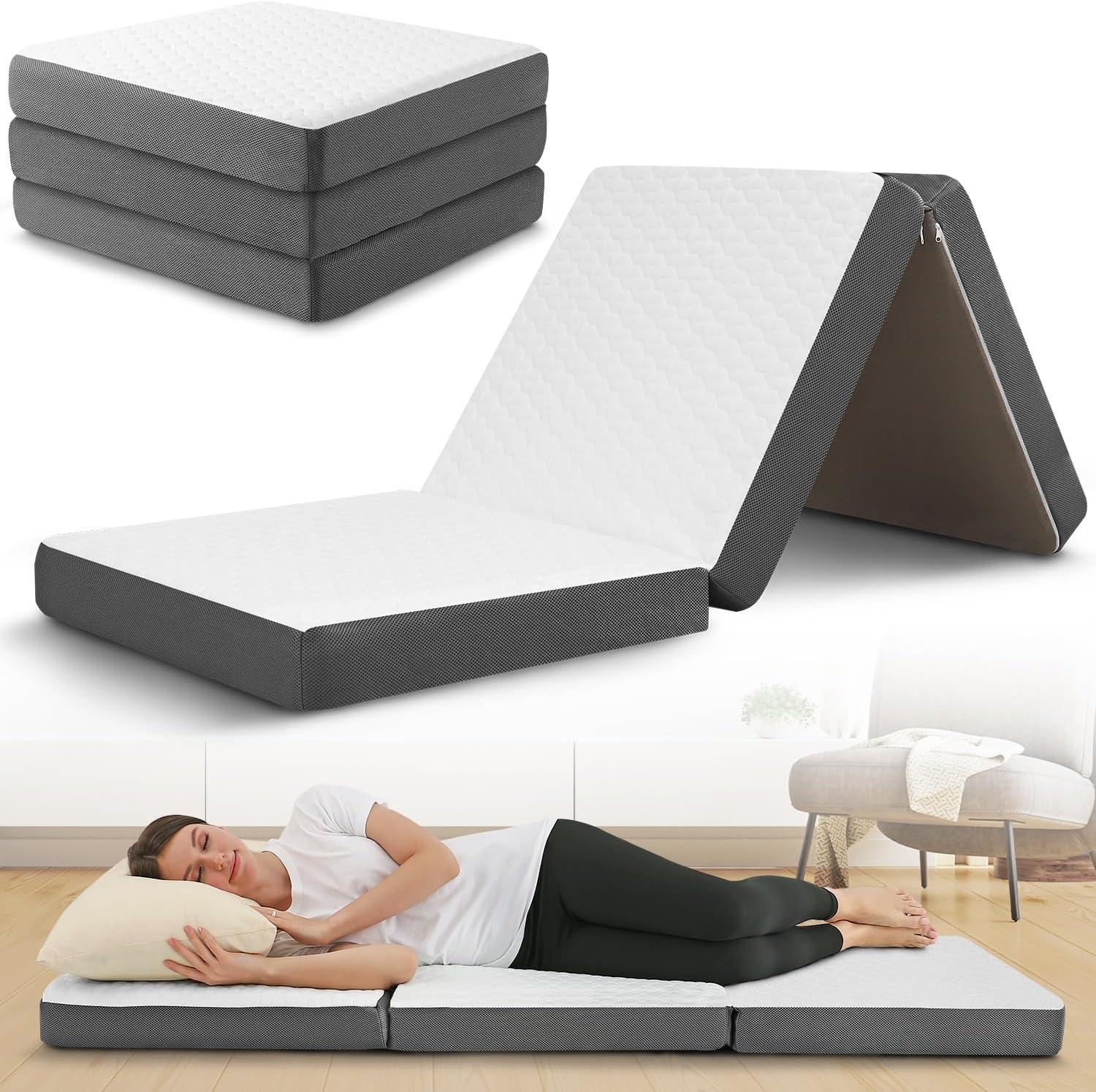 Contour Comfort SIngle 4 Inch Thick Portable Tri Folding Mattress with Memory Foam Layer with Washable Cover | Non-Slip Bottom Perfect Guest Bed-White