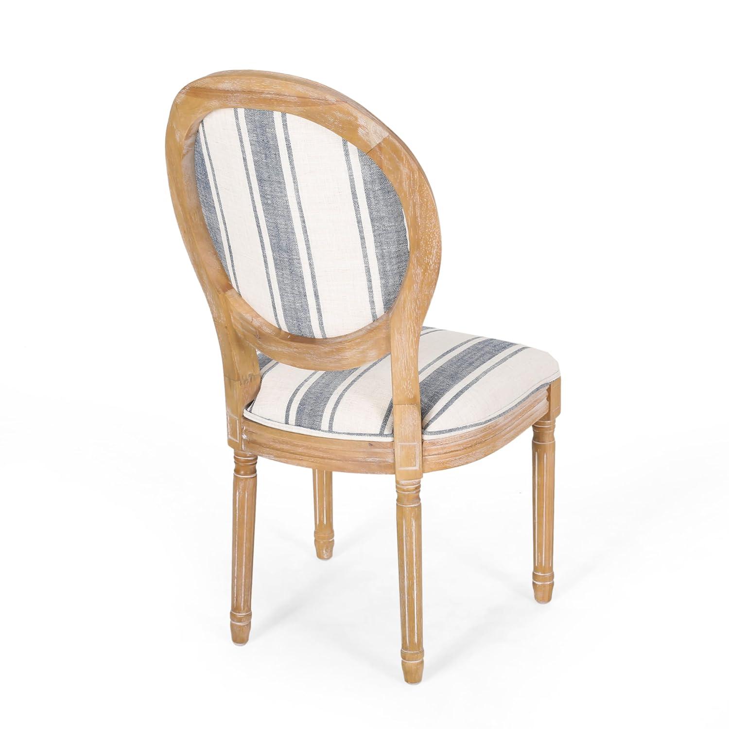 Set of 2 French Country Dark Blue Striped Upholstered Dining Chairs