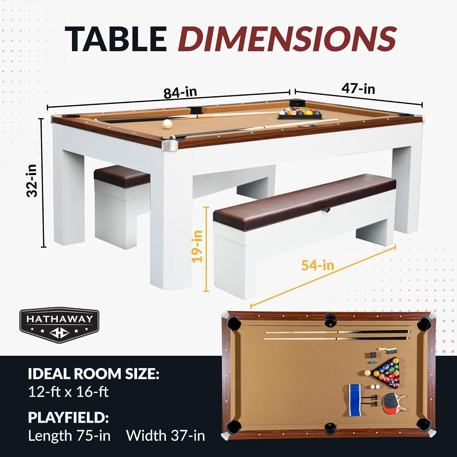 Hathaway Newport Stylish 7 Ft Multi Game Pool Table Combo with Dining Top and Ping Pong – Includes Benches for Home Storage and Accessories