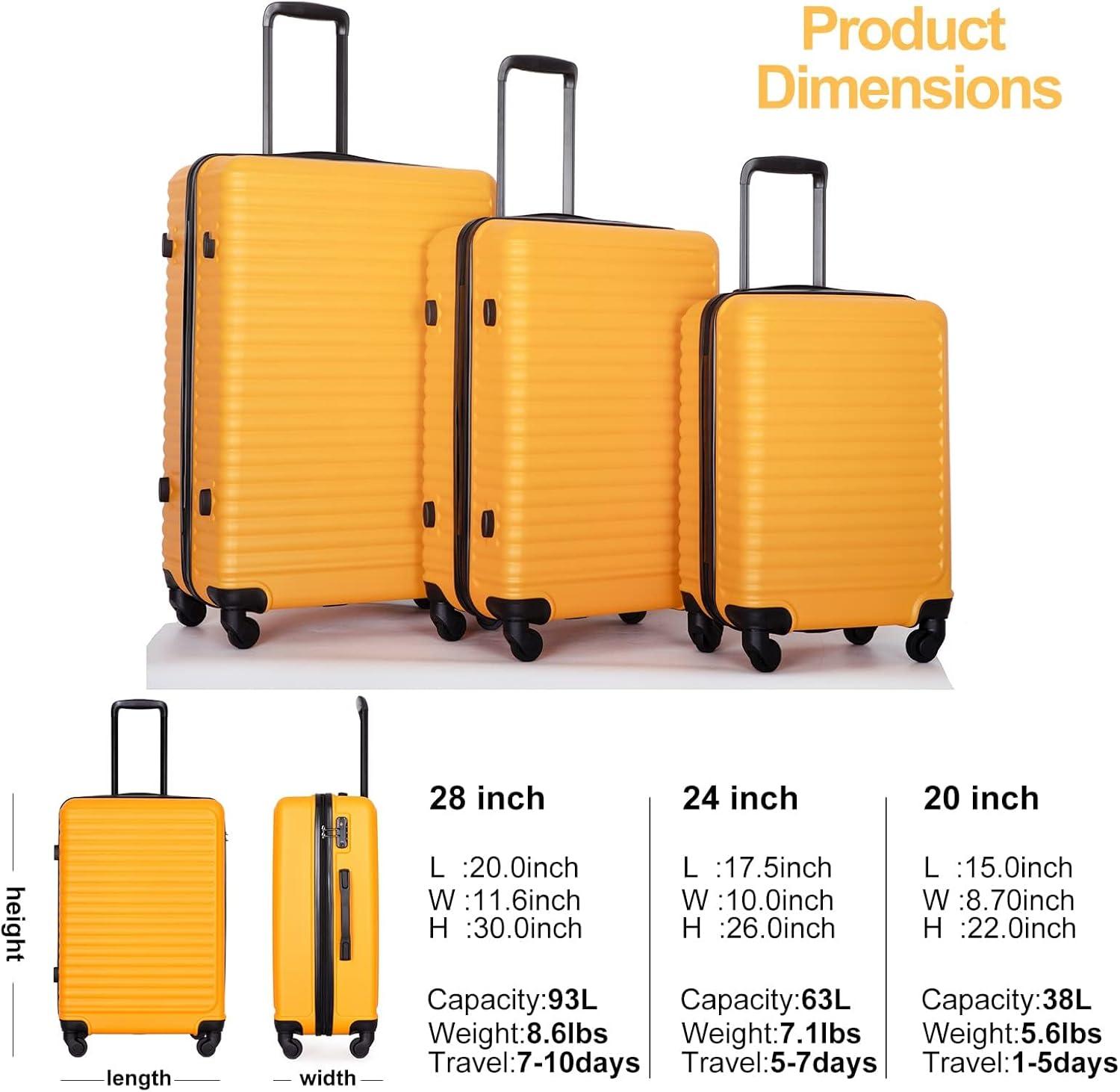 Homeika 3 Piece Luggage Sets, Hardside Suitcase Set with TSA Lock, Multi-Size Hardside Luggage with Spinner Wheels for Travel Trips Business,Orange (20"/24"/28")