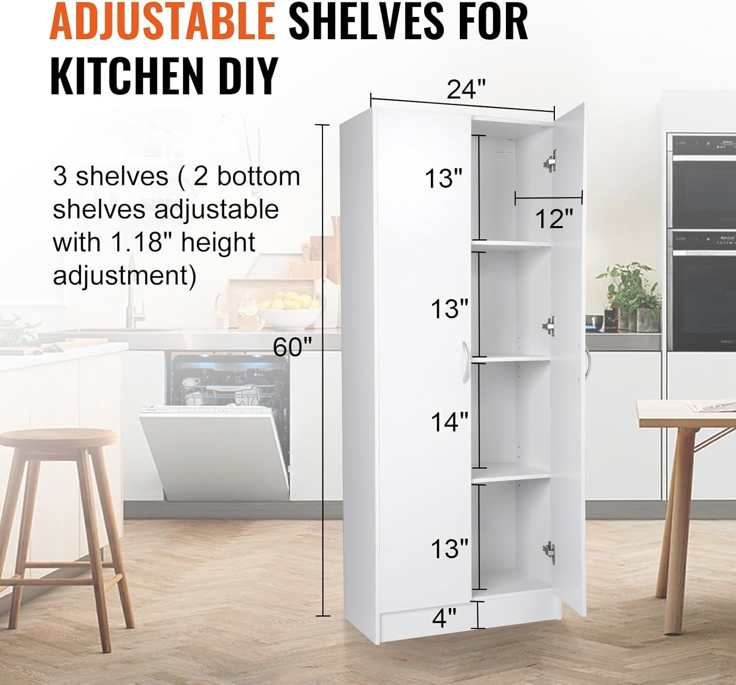 White 60" Tall Freestanding Kitchen Pantry Cabinet with Adjustable Shelves